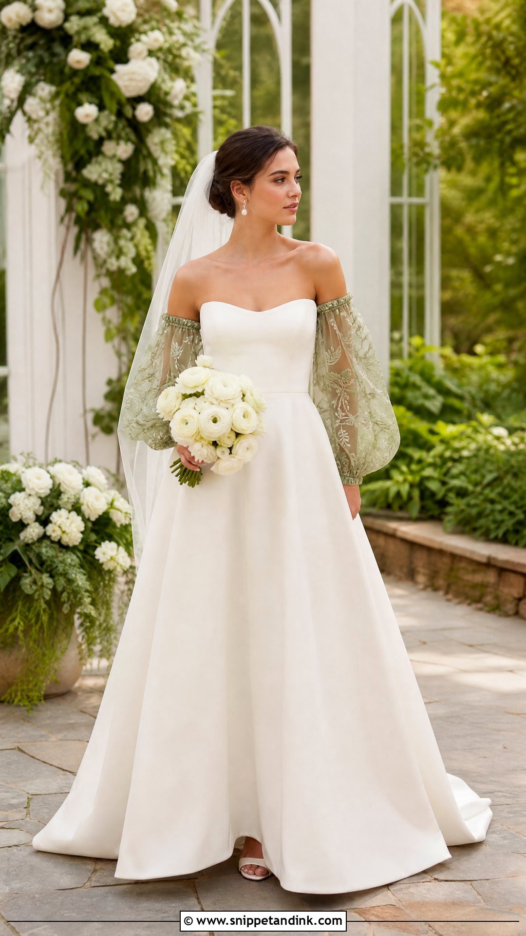 Green Detachable Sleeve Wedding Dress - Snippet and Ink - 20 Wedding Dress with Green Detail Ideas