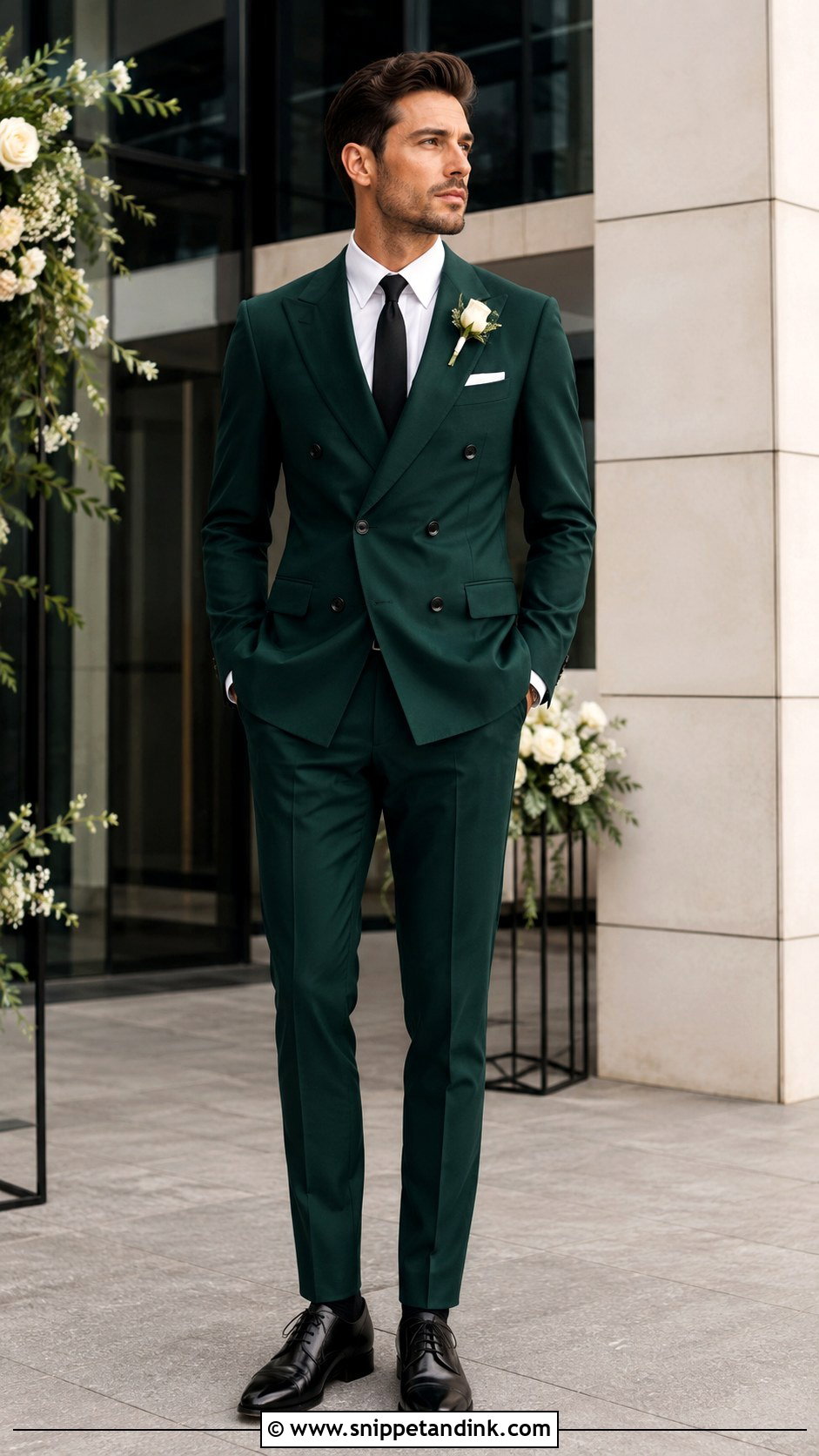Green Double Breasted Suit With Black Shoes - Snippet and Ink - 20 Green Suit Wedding Party Ideas