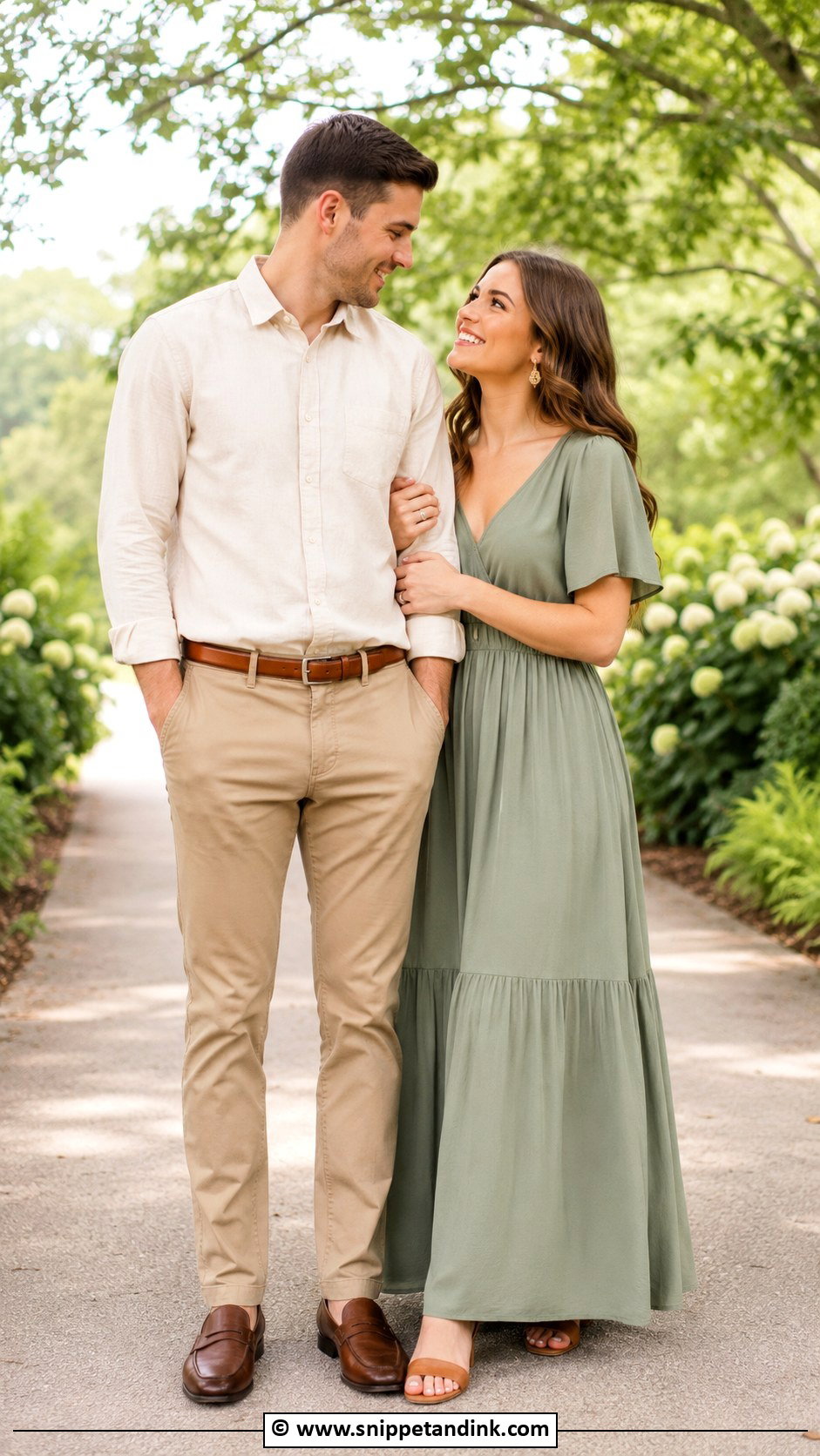 Green Dress And Tan Pants Couples Photoshoot Outfit - Snippet and Ink - 30 Couples Photoshoot Outfits
