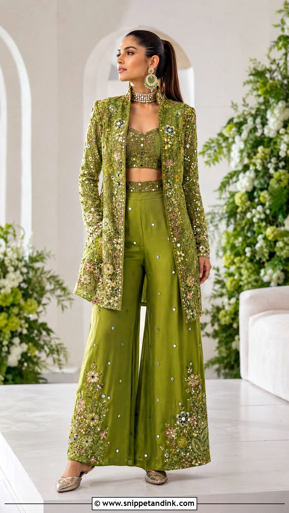 Green Embroidered Pantsuit For Mehendi - Snippet and Ink - 20 Mehendi Function Outfit Brides Ideas