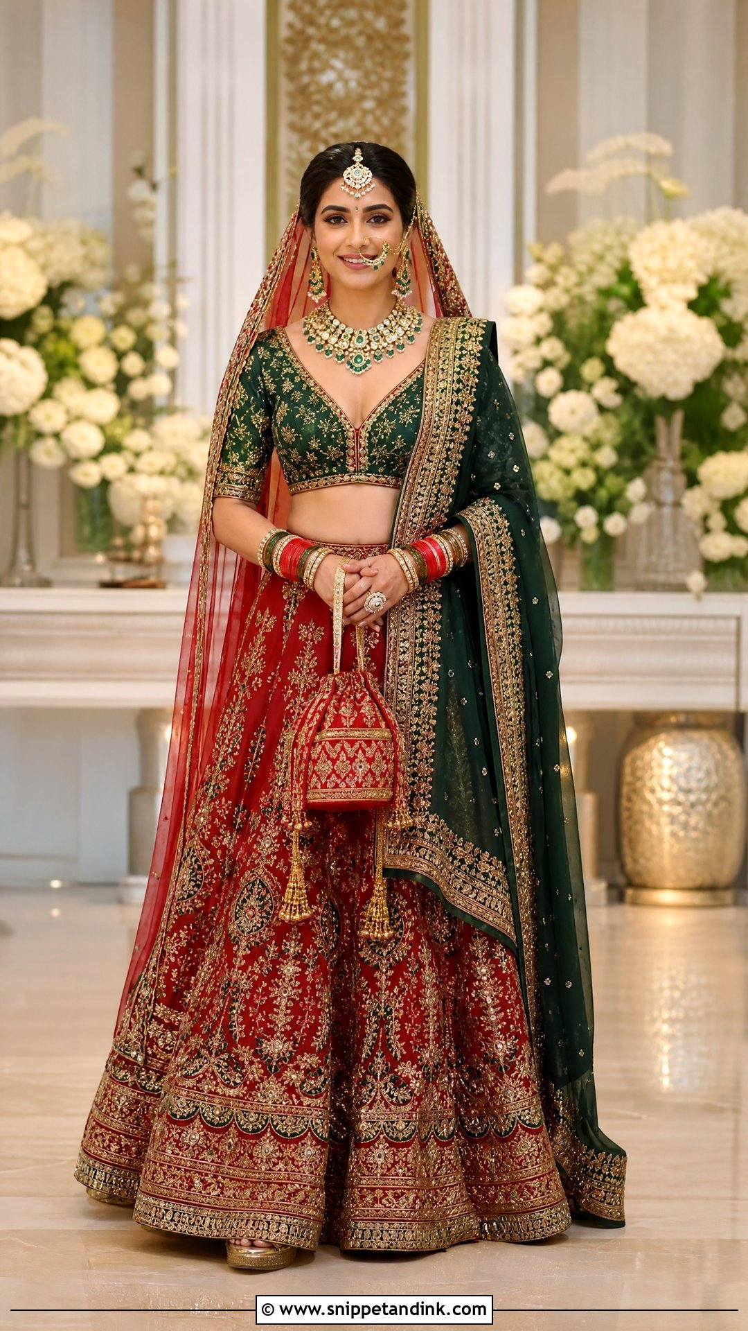 Green Embroidered V Neck Bridal Blouse With Red Lehenga - Snippet and Ink - 20 V Neck Bridal Blouse Ideas