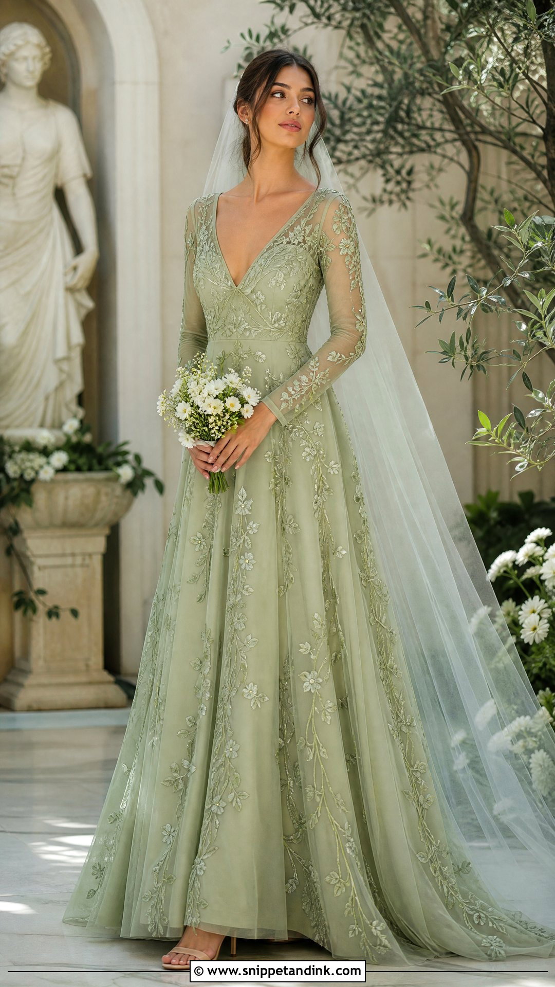 Green Embroidered Wedding Dress With Simple Veil - Snippet and Ink - 25 Green Wedding Dress for Bride Ideas