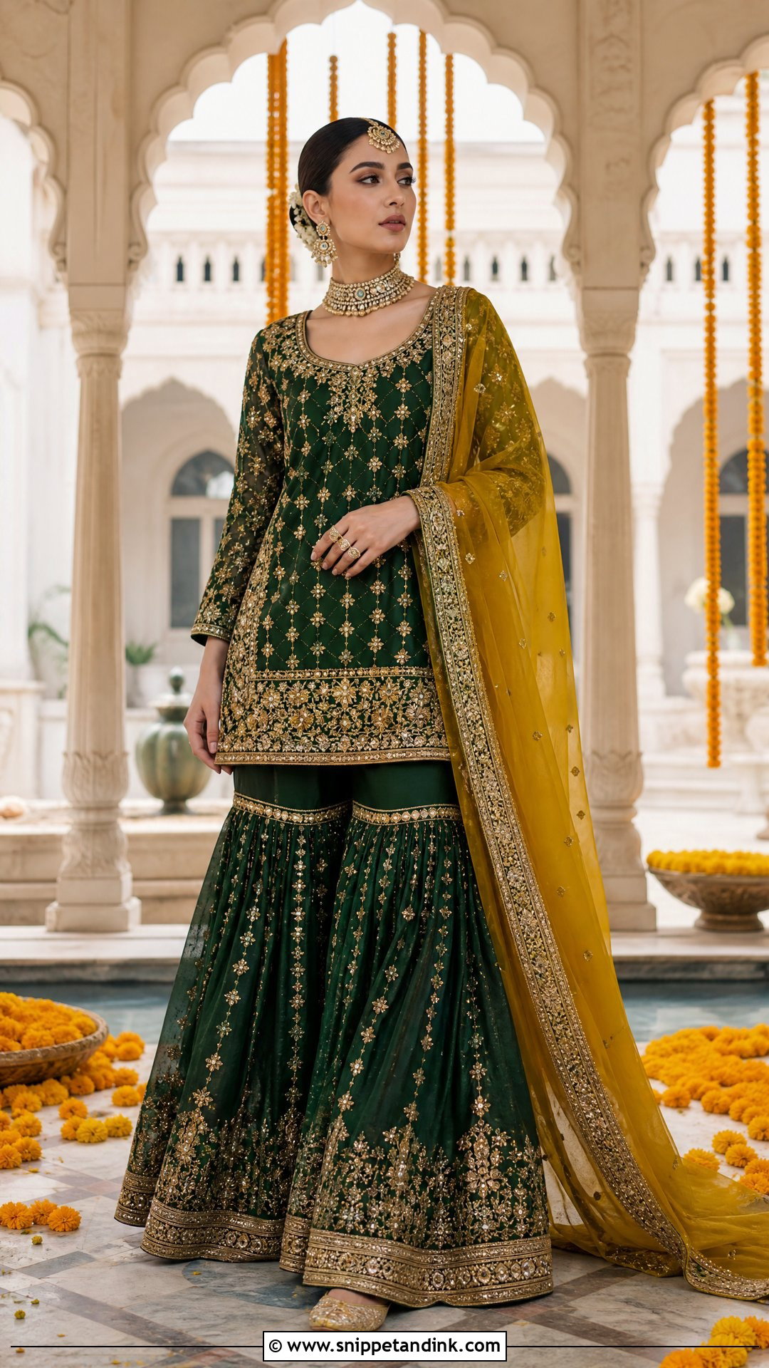 Green Farshi Gharara Mehndi Bridal Outfit - Snippet and Ink - 25 Mehndi Bridal Dress Ideas