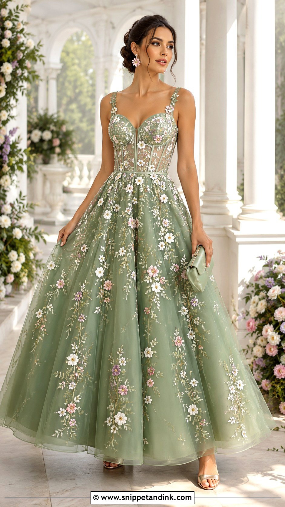 Green Floral Embroidered Princess Gown - Snippet and Ink - 20 Green Princess Gown Ideas