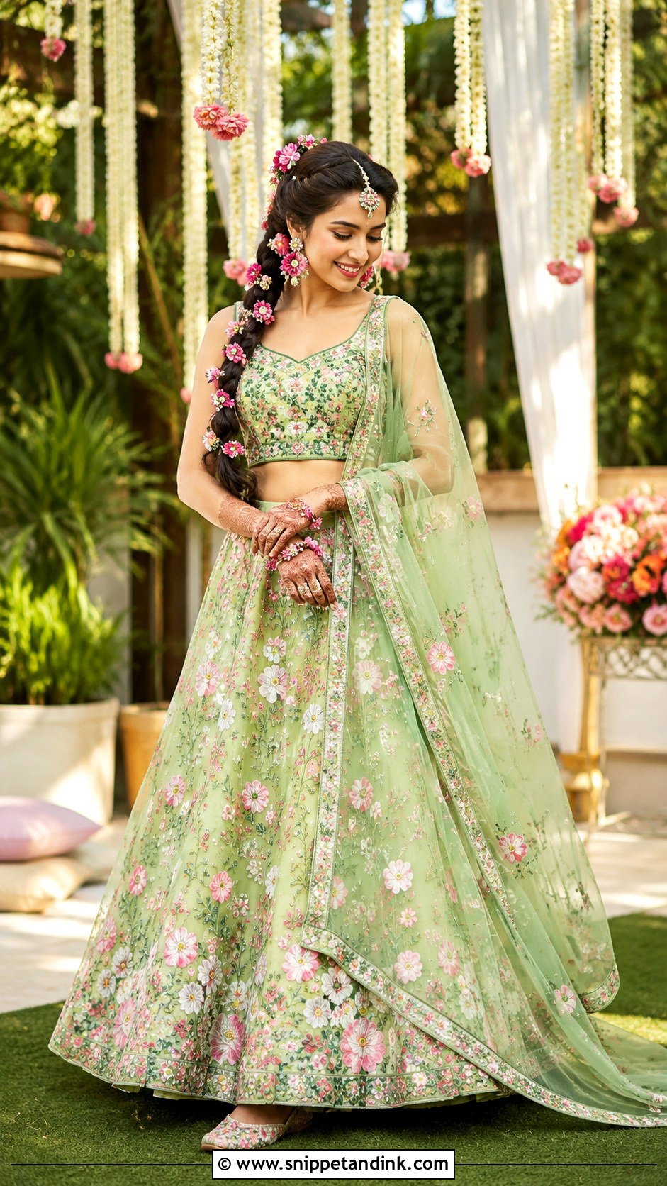 Green Floral Lehenga For Mehendi - Snippet and Ink - 20 Mehendi Function Outfit Brides Ideas