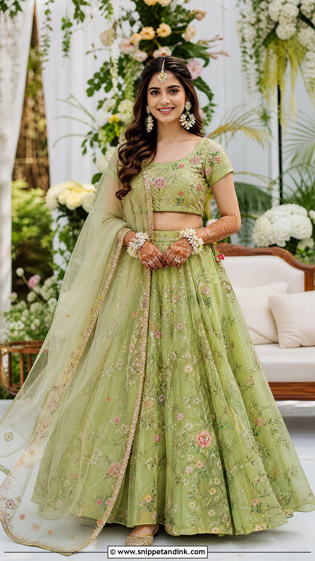 Green Floral Lehenga Mehandi Outfit - Snippet and Ink - 20 Mehandi Outfits for Bride