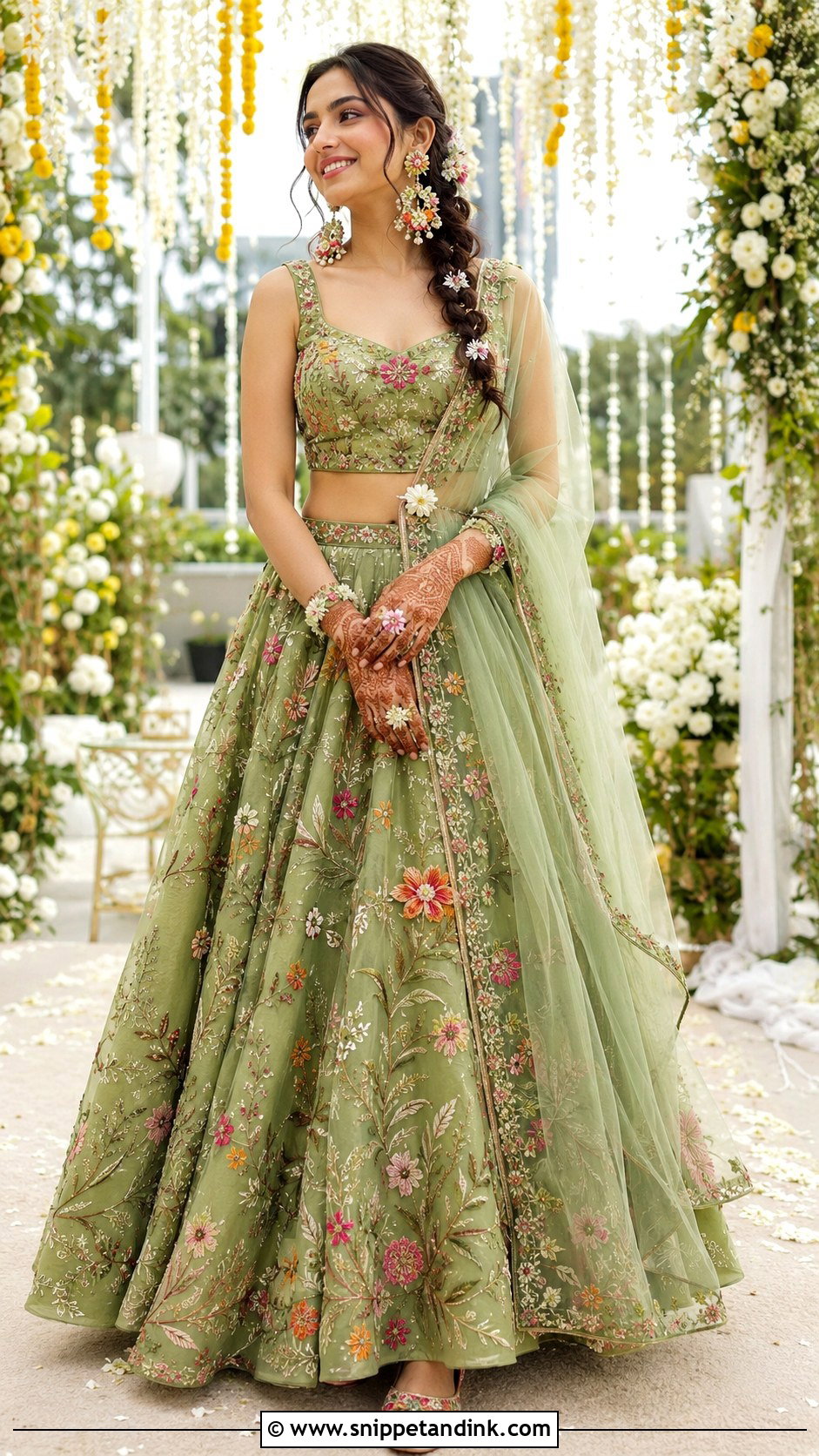 Green Floral Lehenga Mehendi Outfit - Snippet and Ink - 20 Mehendi Ceremony Outfits Brides