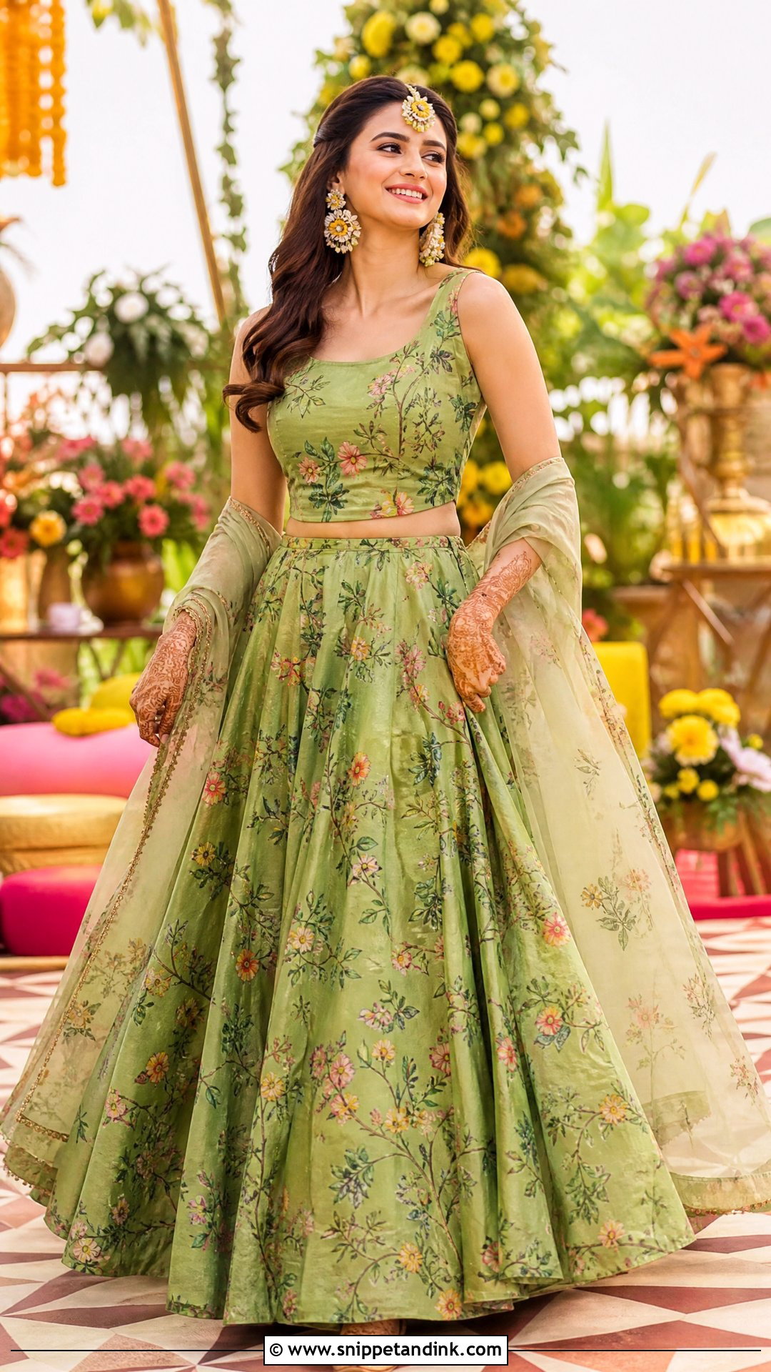 Green Floral Lehenga Mehndi Outfit - Snippet and Ink - 25 Mehndi Function Dress Outfit for Bride Ideas