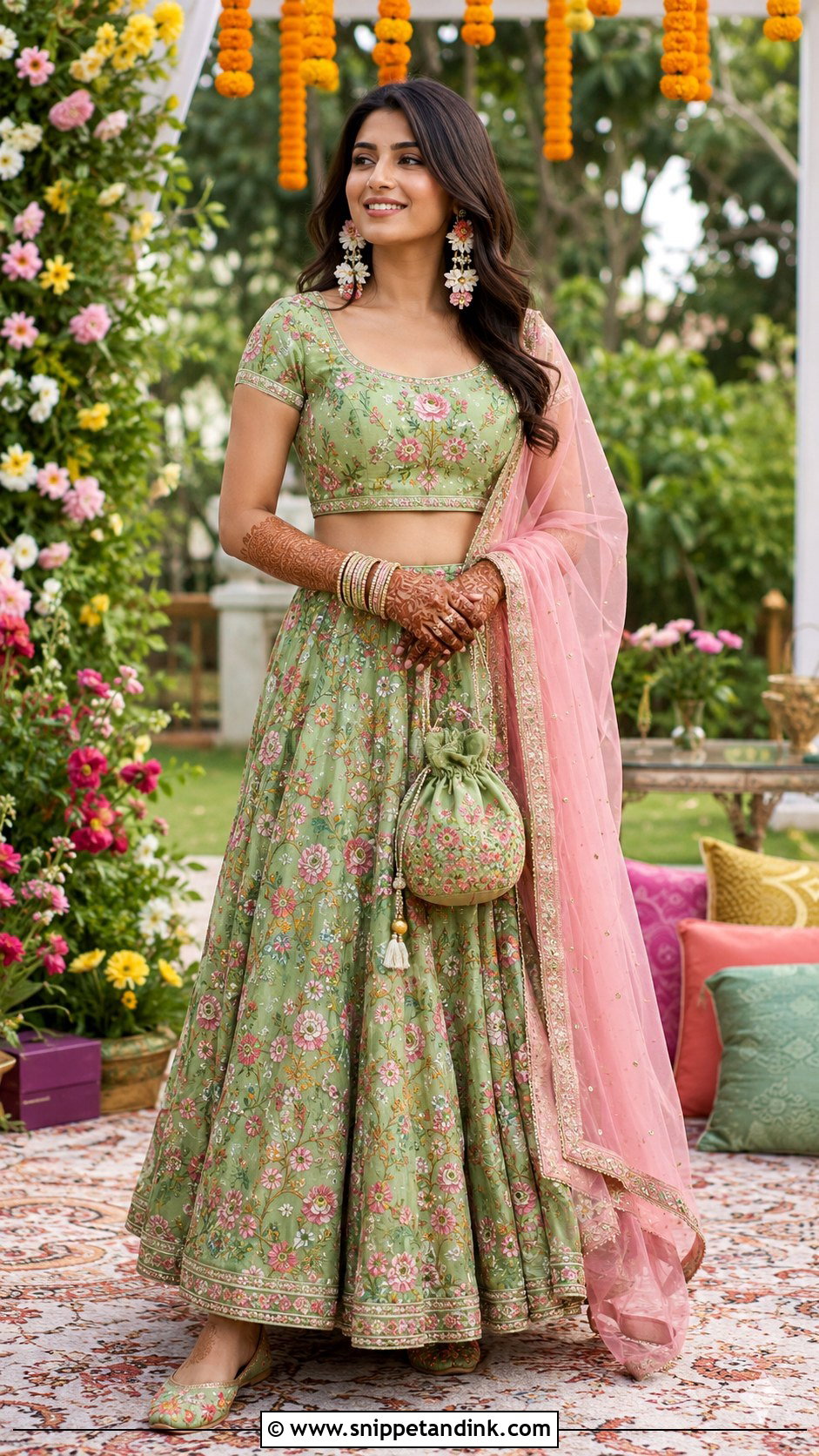 Green Floral Lehenga Mehndi Outfit - Snippet and Ink - 20 Mehandi Function Dresses Mehndi Outfit
