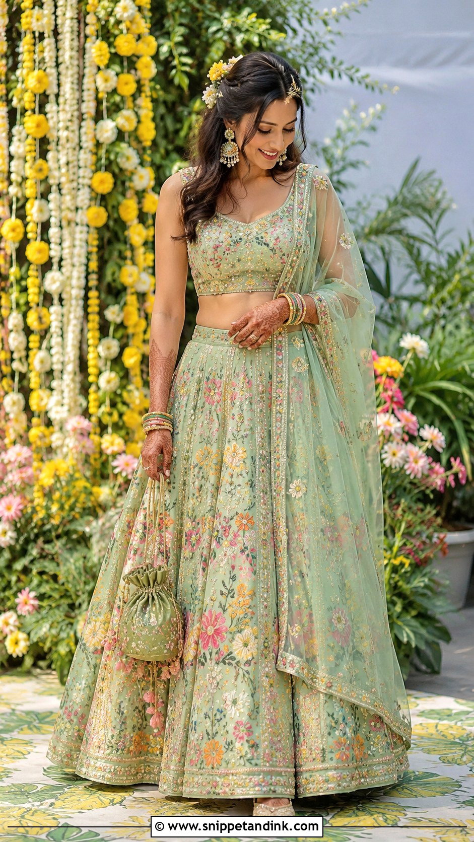 Green Floral Lehenga for Mehendi - Snippet and Ink - 20 Indian Sister Wedding Outfit Ideas