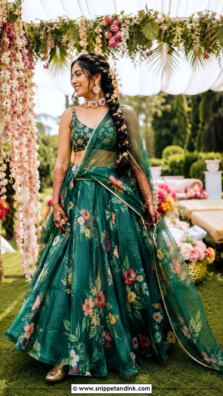 Green Floral Lehenga for Mehendi - Snippet and Ink - 20 Haldi Mehendi Outfit for Bride Ideas