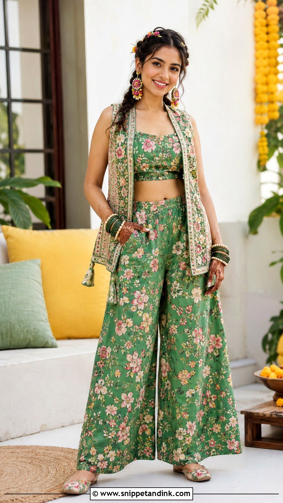 Green Floral Print Bridal Mehndi Co Ord Set - Snippet and Ink - 20 Green Bridal Mehndi Outfit Ideas