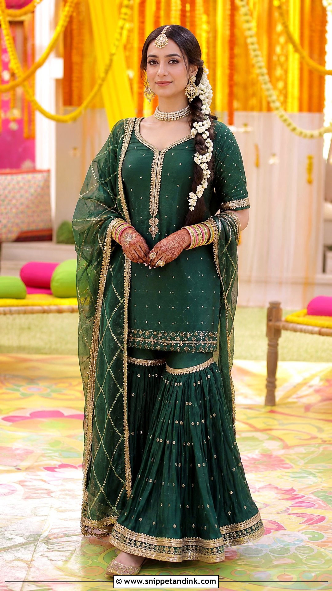 Green Gharara Mehndi Hyderabadi Bride - Snippet and Ink - 20 Hyderabadi Bride Ideas