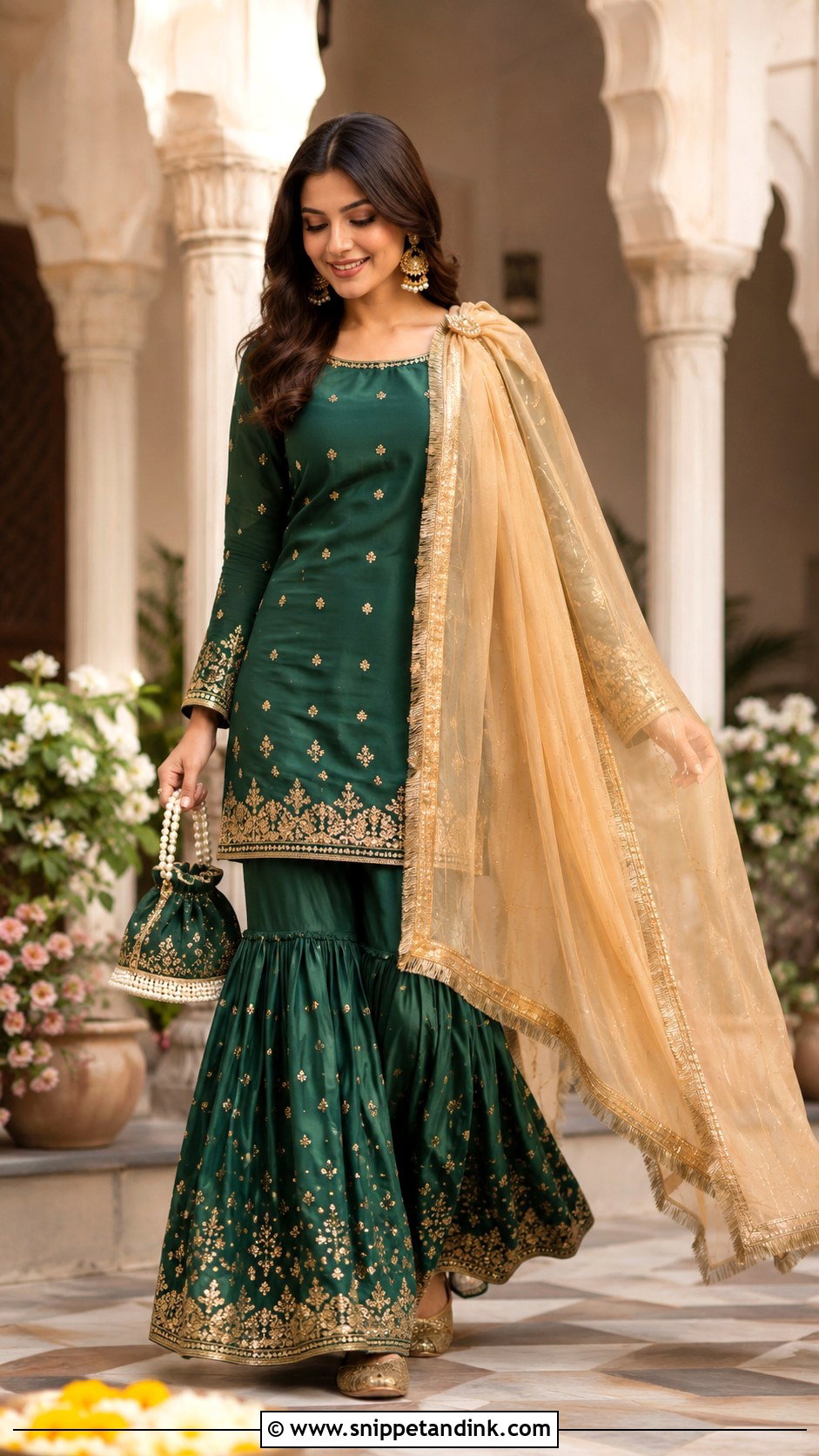 Green Gharara With Gold Kiran Dupatta - Snippet and Ink - 20 Kiran Dupatta Ideas
