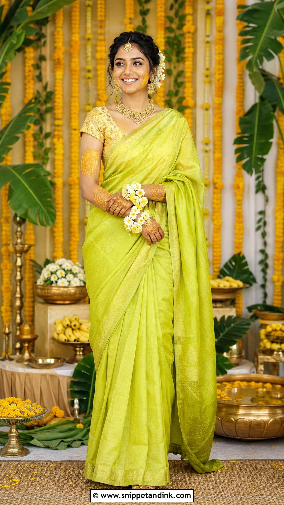 Green Haldi Saree - Snippet and Ink - 30 Indian Bridal Haldi Outfit Ideas