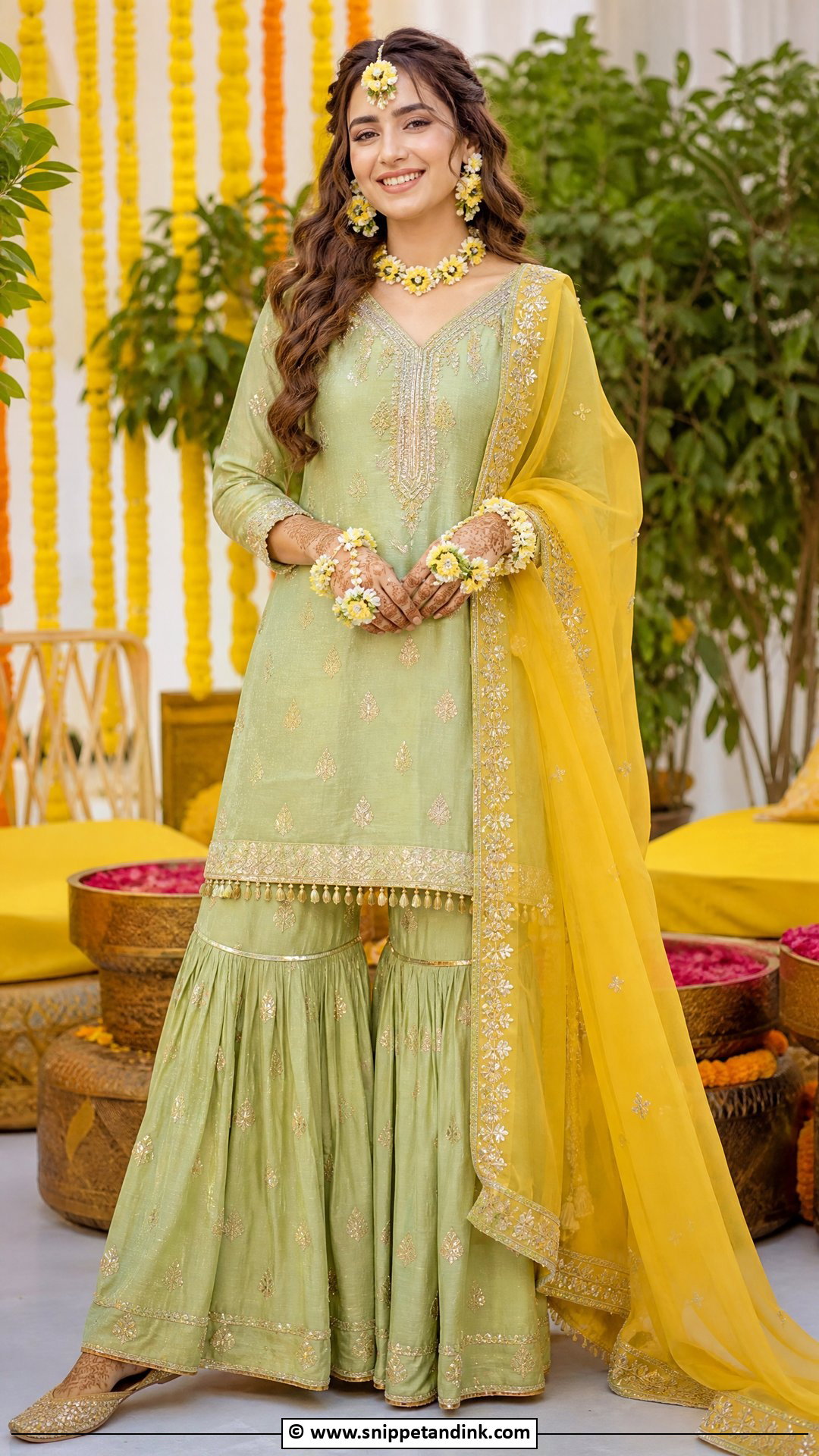 Green Haldi Sharara For Bride - Snippet and Ink - 35 Haldi Dress for Bride Ideas