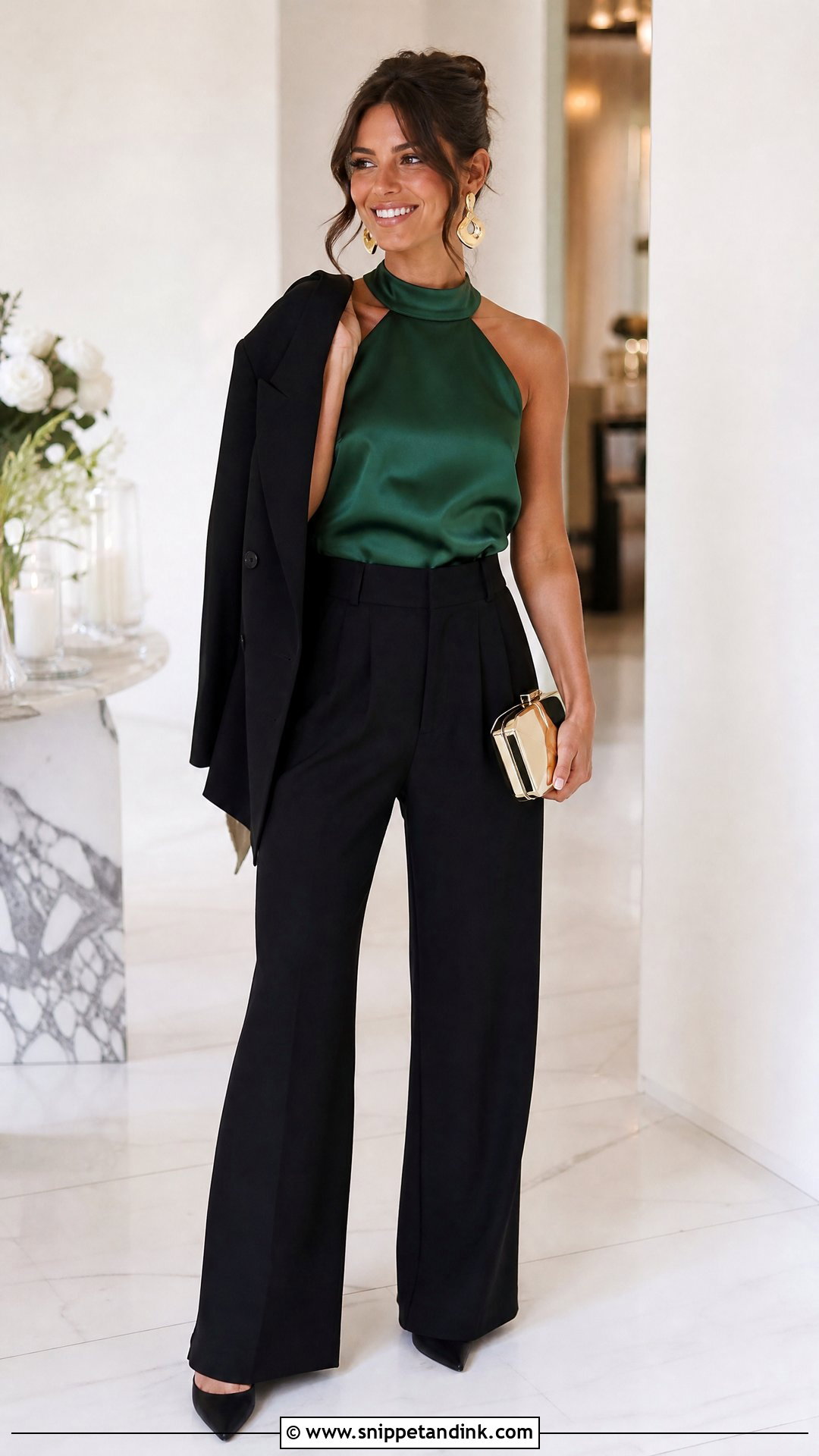 Green Halter Top And Black Trouser Outfit - Snippet and Ink - 20 Green Bachelorette Party Outfit Ideas
