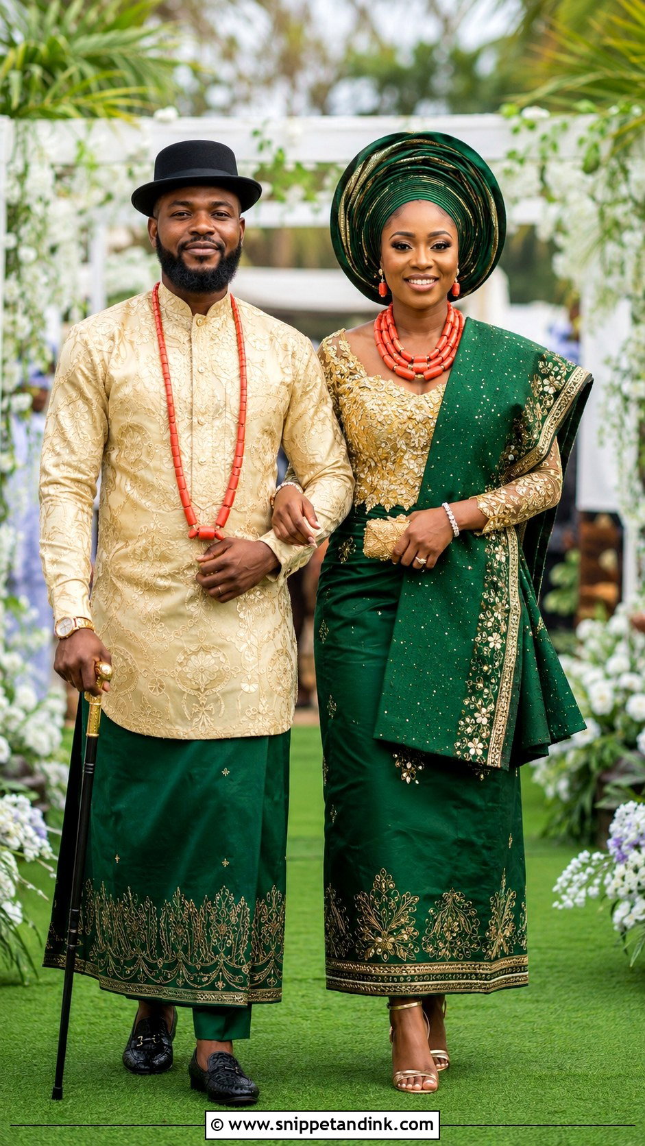 Green Isoko Bride And Gold Groom Outfit - Snippet and Ink - 20 Isoko Traditional Wedding Attire Ideas