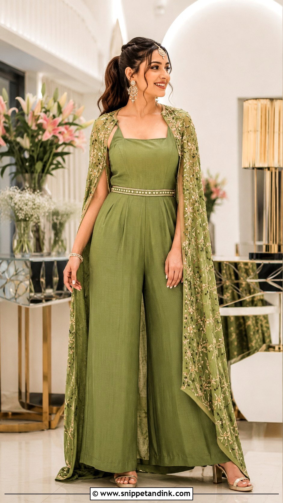 Green Jumpsuit With Cape Mehandi Outfit - Snippet and Ink - 20 Mehandi Outfits for Bride