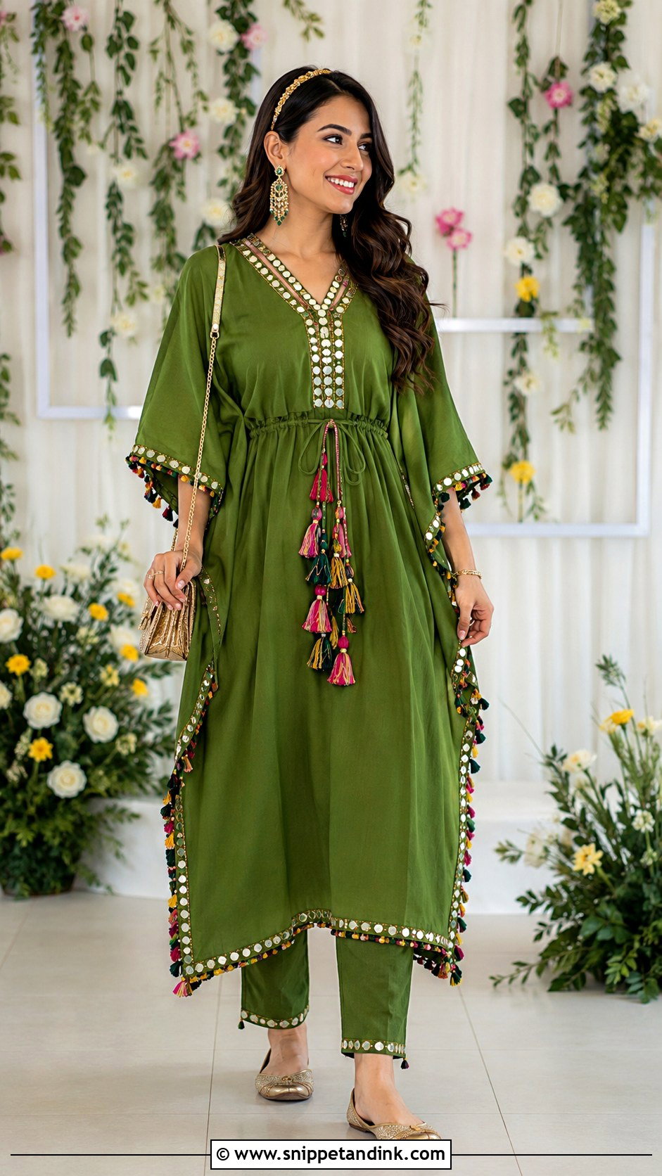 Green Kaftan Mehndi Outfit - Snippet and Ink - 20 Mehndi Ceremony Outfit for Sister Ideas