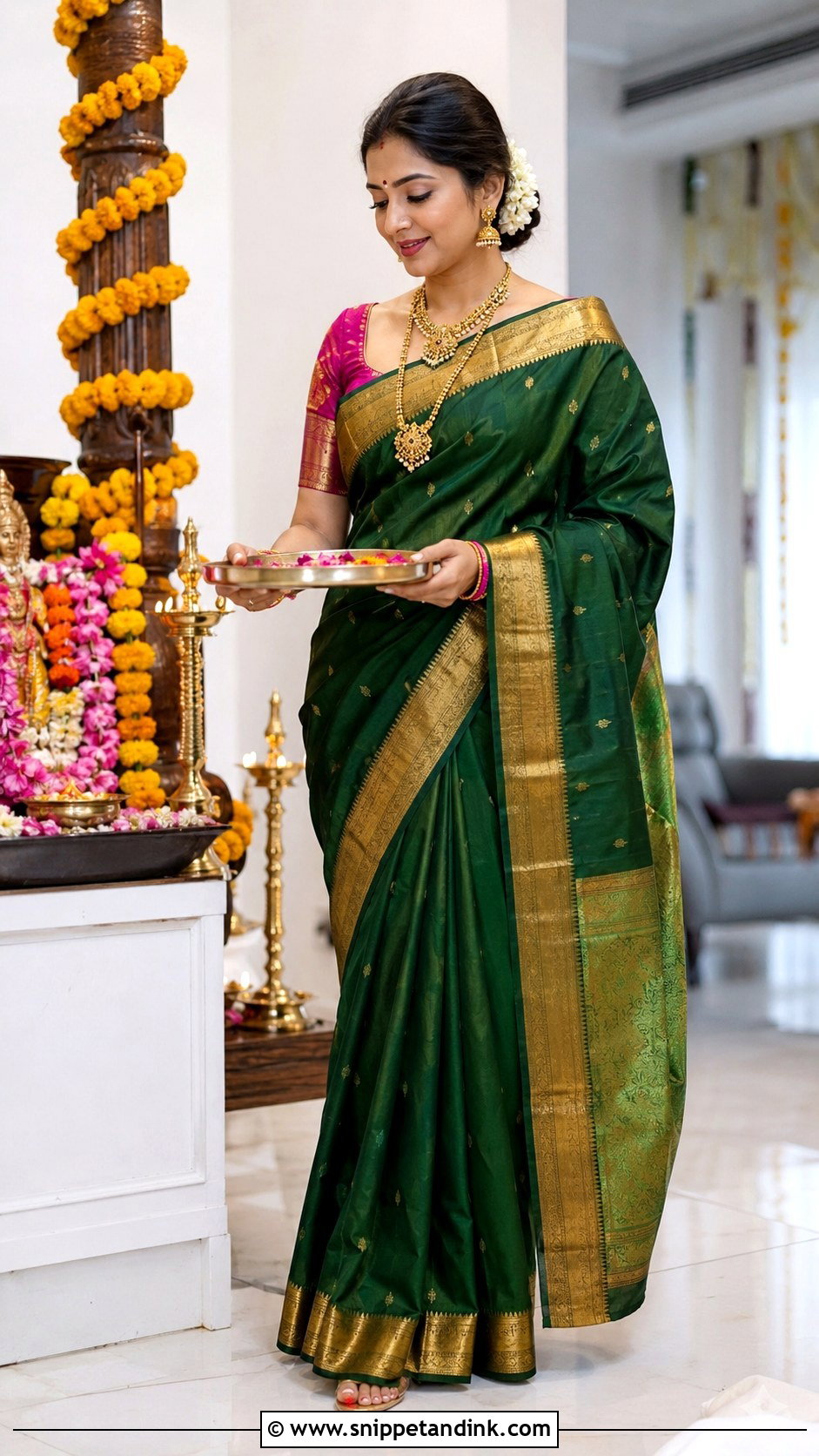 Green Kanjivaram Saree Look - Snippet and Ink - 25 Indian After Marriage Look Ideas