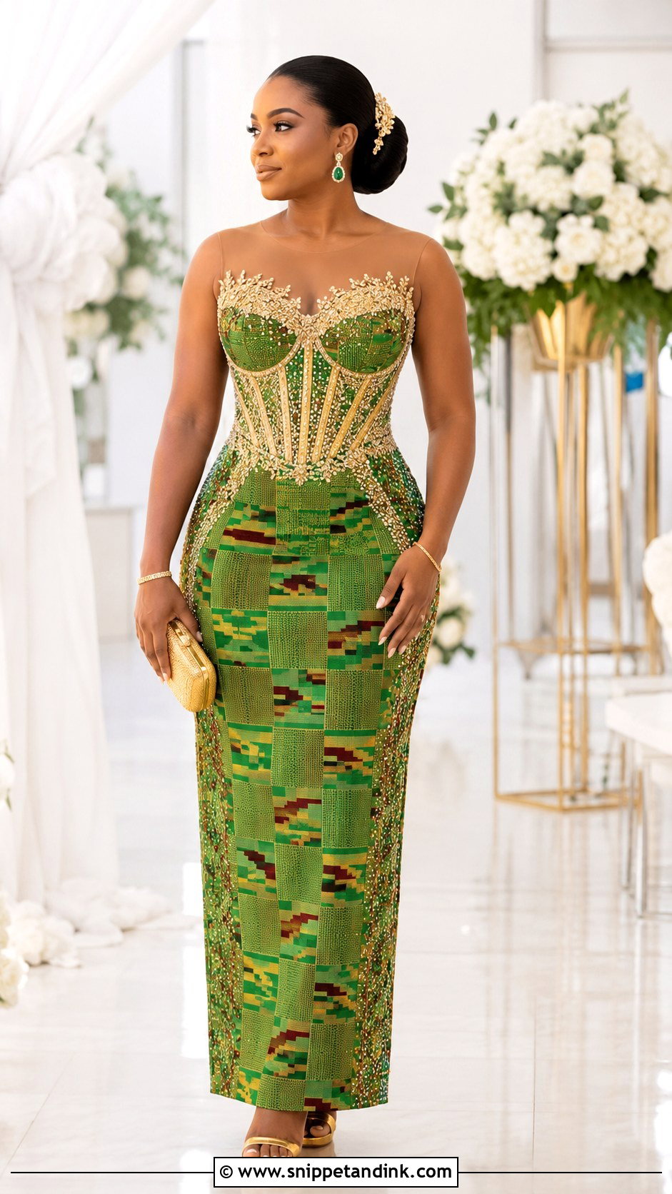 Green Kente Beaded Wedding Dress - Snippet and Ink - 20 Ghana Traditional Wedding Dresses