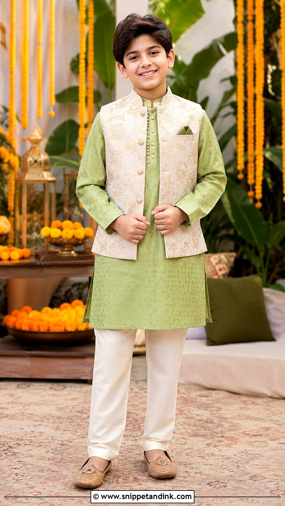 Green Kurta Pajama With Beige Waistcoat - Snippet and Ink - 20 Kurta for Boys Wedding Ideas