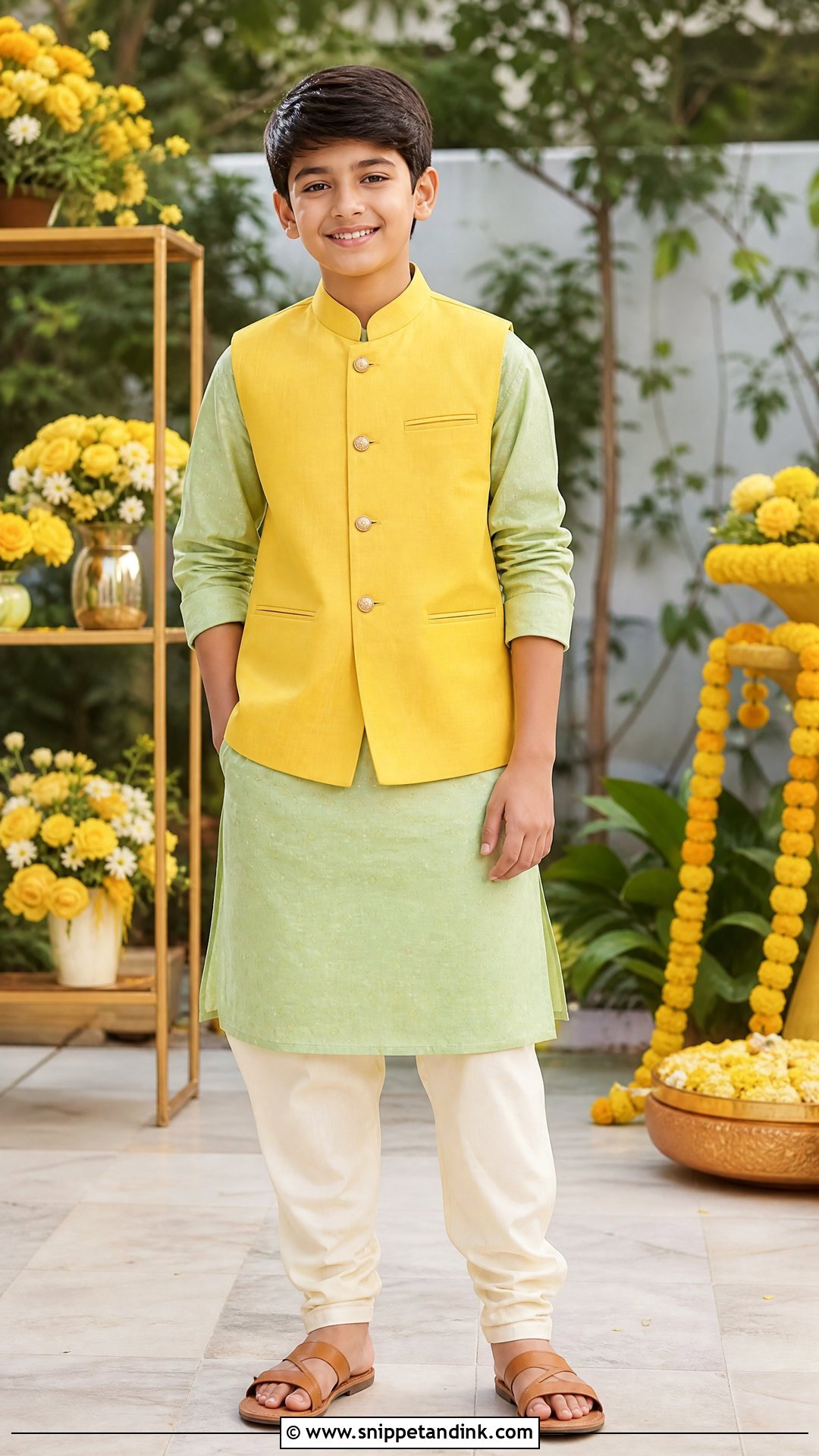 Green Kurta With Yellow Jacket Haldi Outfit - Snippet and Ink - 20 Boys Haldi Outfit Ideas