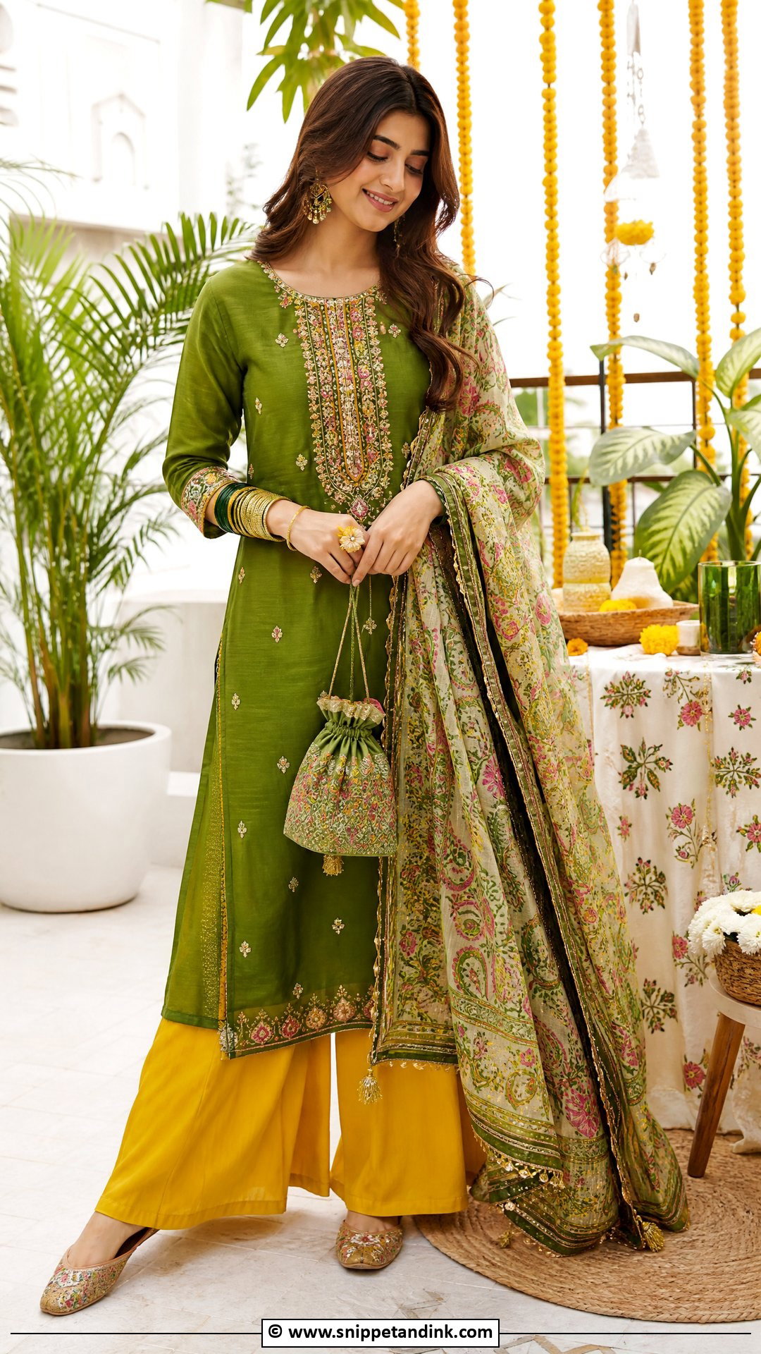 Green Kurta With Yellow Palazzo - Snippet and Ink - 35 Mehndi Dress Ideas
