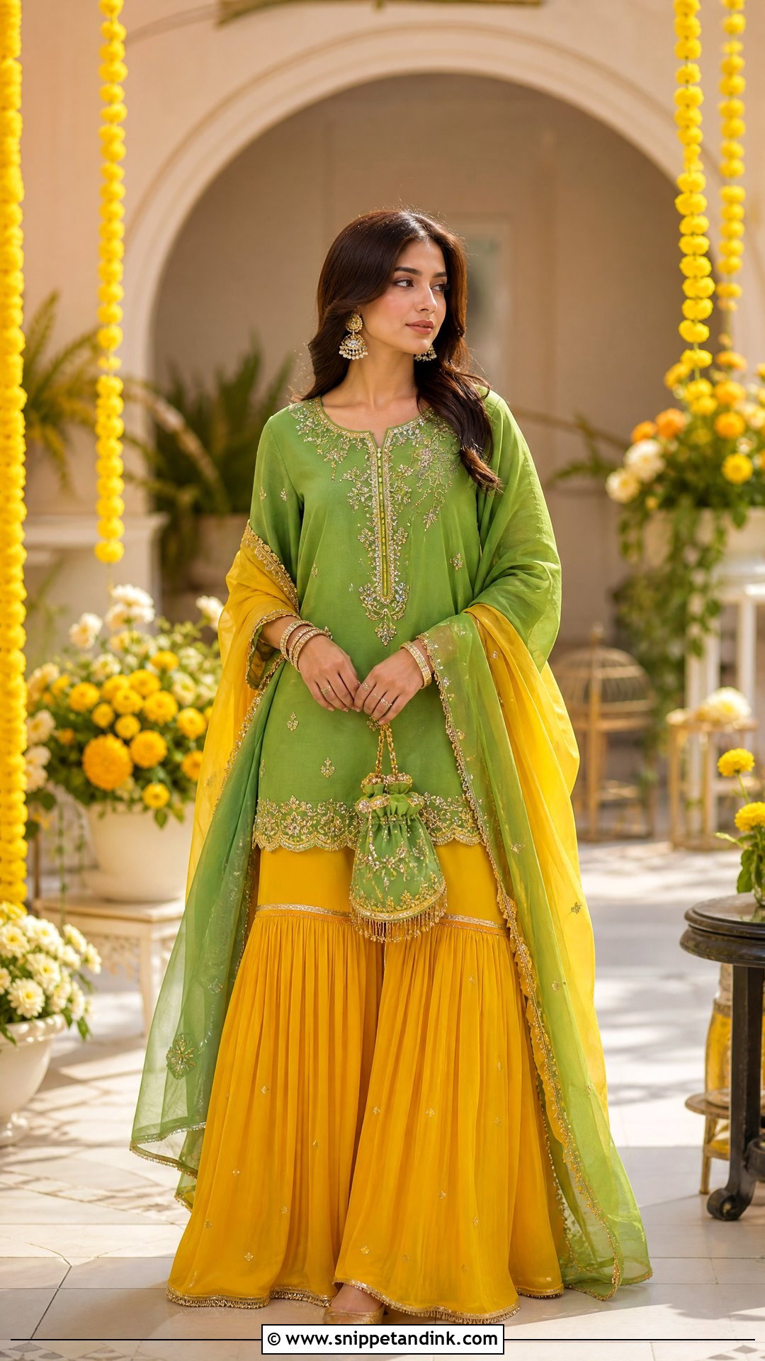 Green Kurta With Yellow Sharara Haldi Outfit - Snippet and Ink - 20 Pakistani Haldi Outfit Ideas