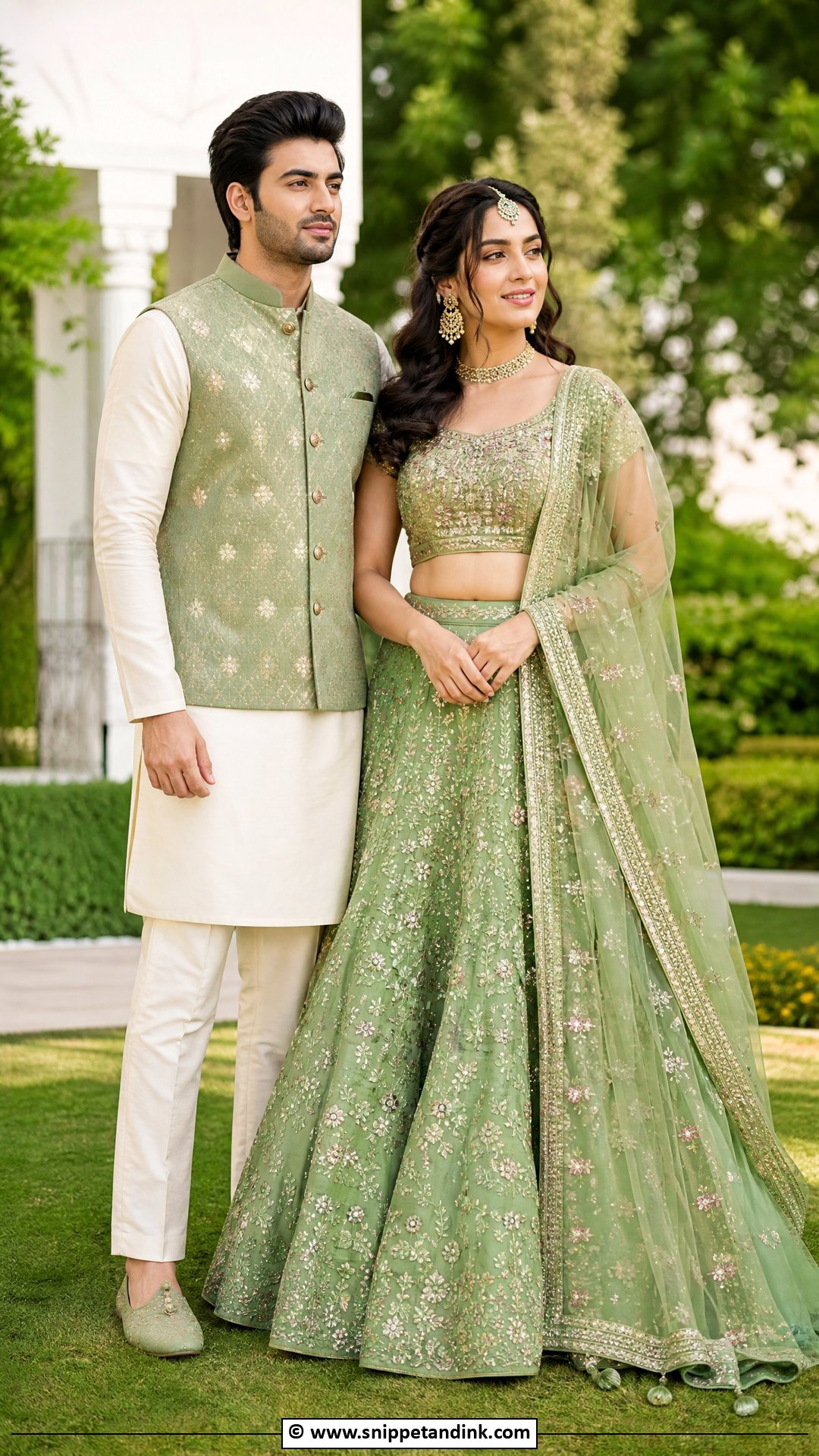 Green Lehenga And Cream Kurta - Snippet and Ink - 35 Indian Couple Matching Dress Ideas
