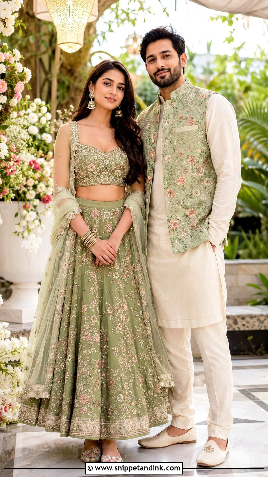 Green Lehenga And Floral Nehru Jacket - Snippet and Ink - 20 Couple Matching Outfits Indian Wedding