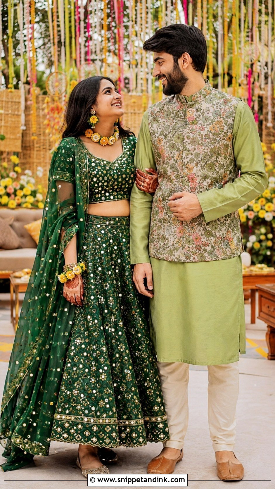 Green Lehenga And Green Kurta Mehndi Couple Outfit - Snippet and Ink - 20 Desi Couple Outfits