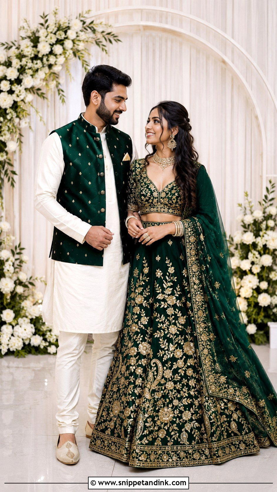 Green Lehenga And Ivory Kurta - Snippet and Ink - 25 Indian Couple Ring Ceremony Dress Ideas