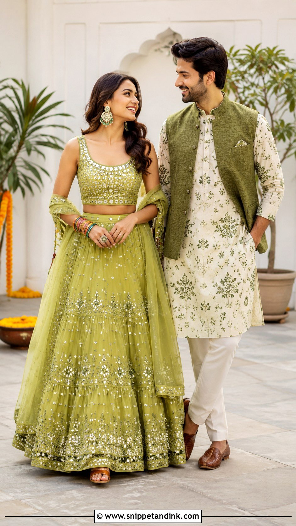 Green Lehenga And Printed Kurta For Mehendi - Snippet and Ink - 20 Couple Matching Dress Indian Wedding Ideas