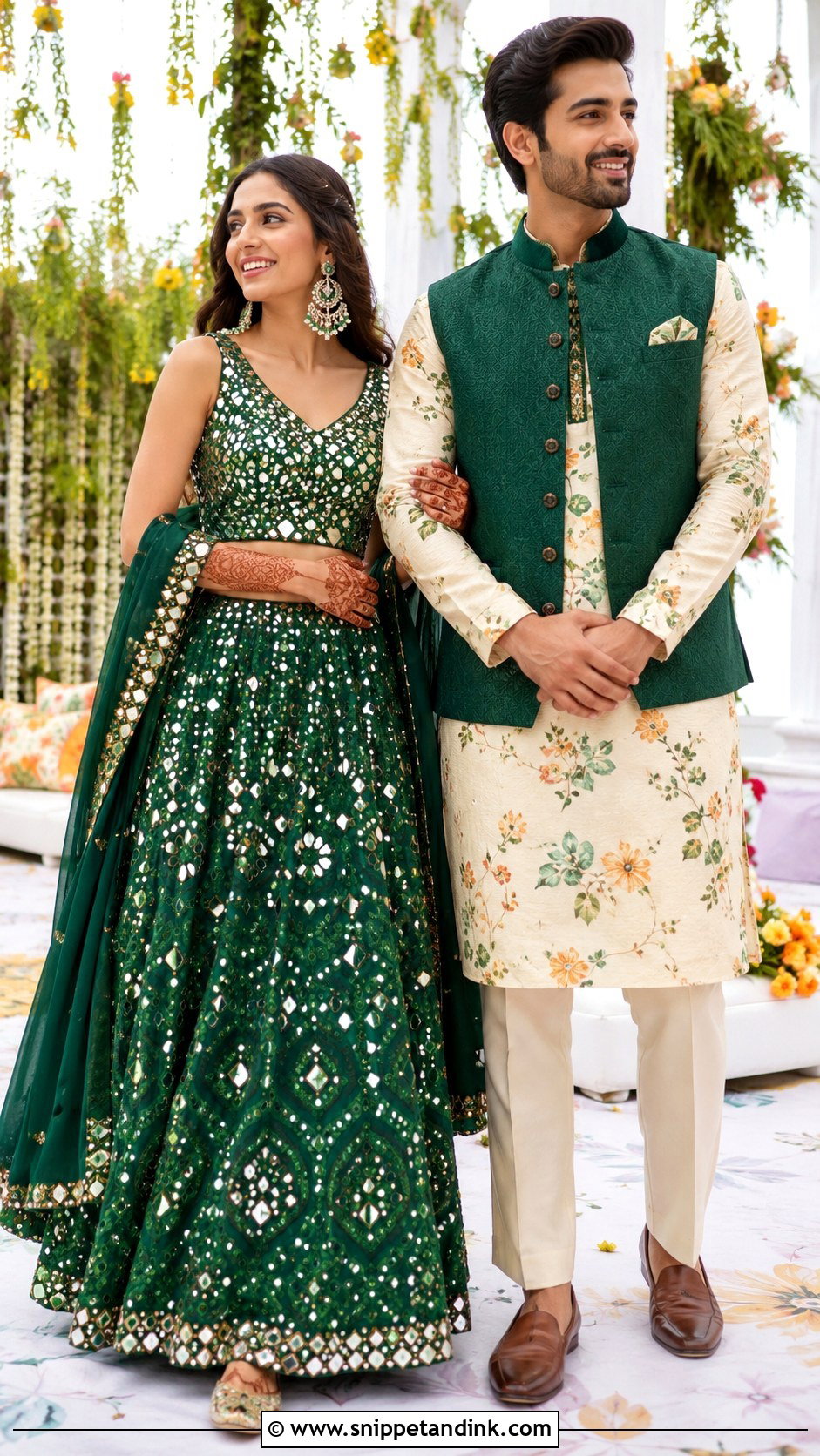 Green Lehenga And Printed Kurta Mehndi Couple Outfit - Snippet and Ink - 20 Couple Matching Indian Outfits