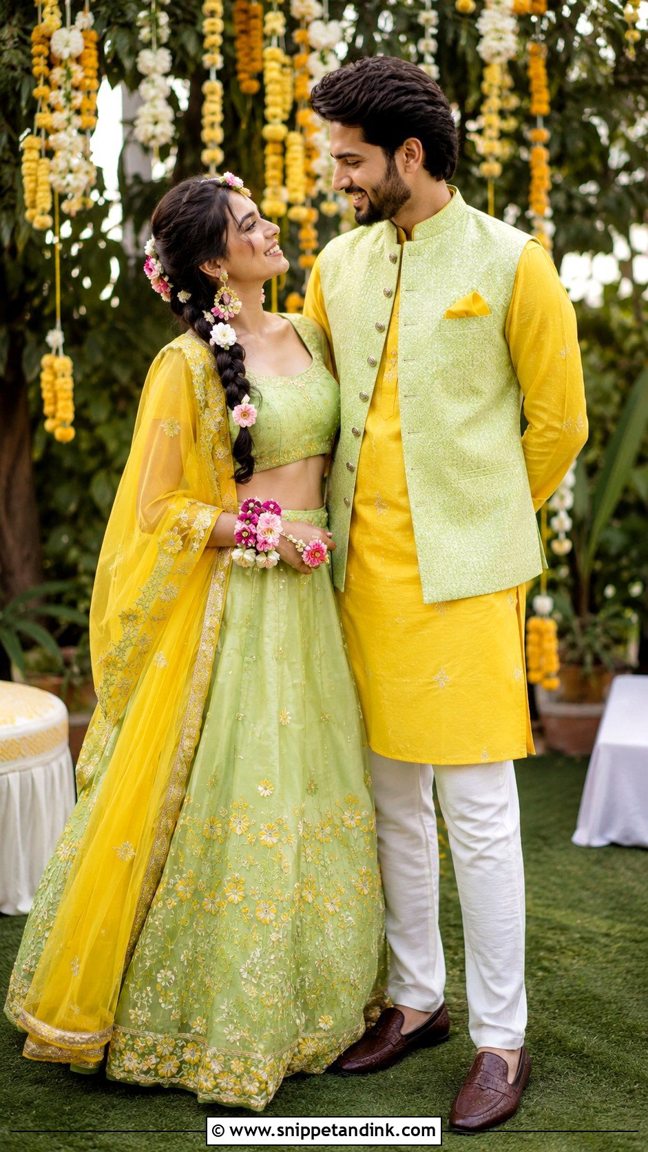 Green Lehenga And Yellow Kurta Haldi Couple Outfit - Snippet and Ink - 25 Haldi Couple Outfits