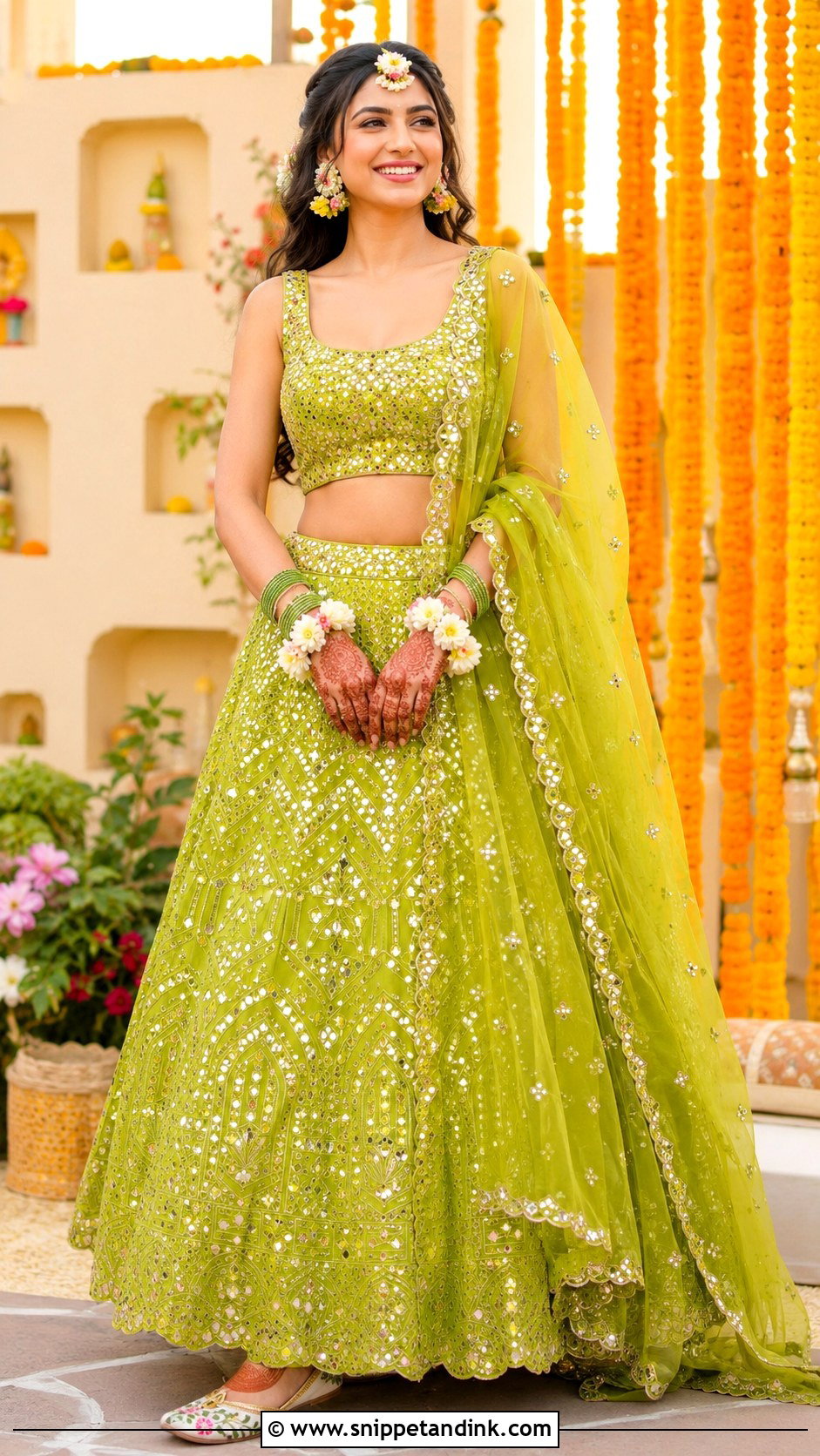 Green Lehenga Mehandi Outfit - Snippet and Ink - 25 Indian Bridal Mehandi Outfits Brides