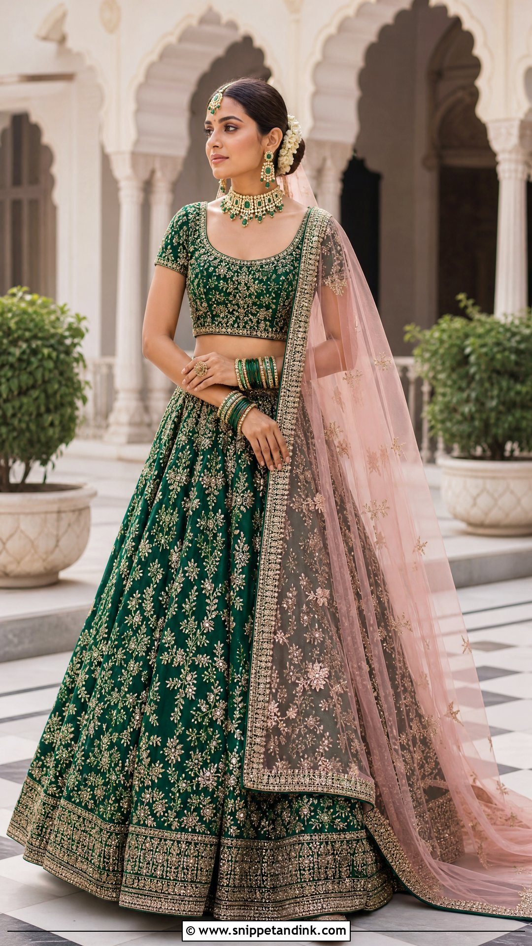 Green Lehenga With Contrast Trail Dupatta - Snippet and Ink - 20 Trail Dupatta Bridal Ideas