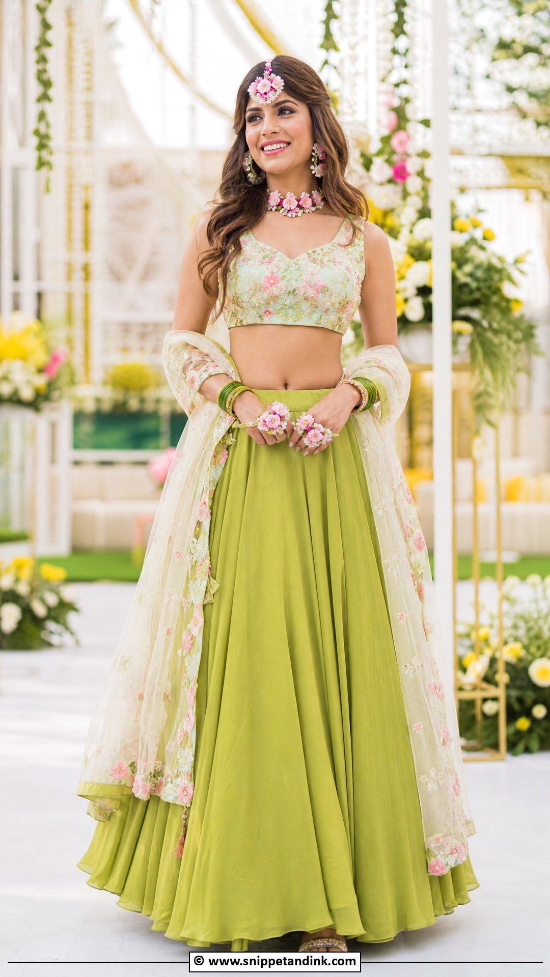 Green Lehenga With Floral Blouse - Snippet and Ink - 35 Mehndi Dress Ideas