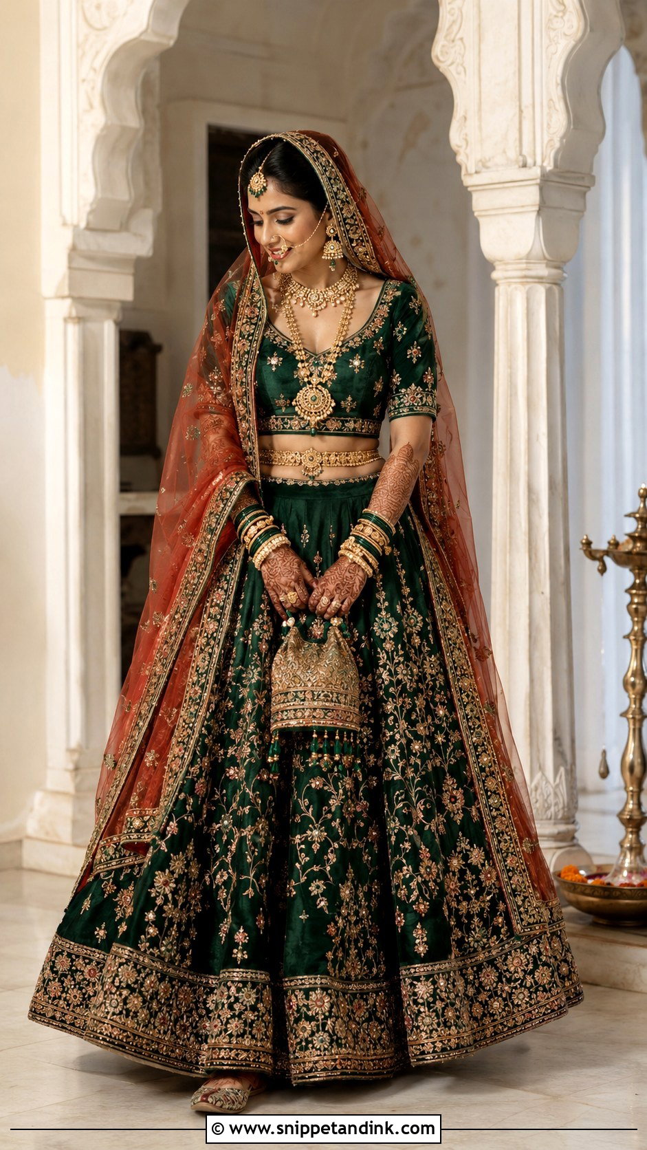 Green Lehenga With Temple Gold Bridal Bangles - Snippet and Ink - 20 Bridal Bengal Set Ideas
