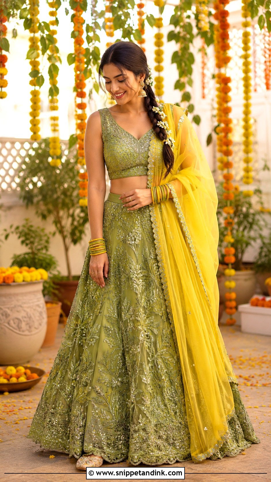 Green Lehenga With Yellow Dupatta for Haldi - Snippet and Ink - 20 Haldi Function Dress for Sister Ideas