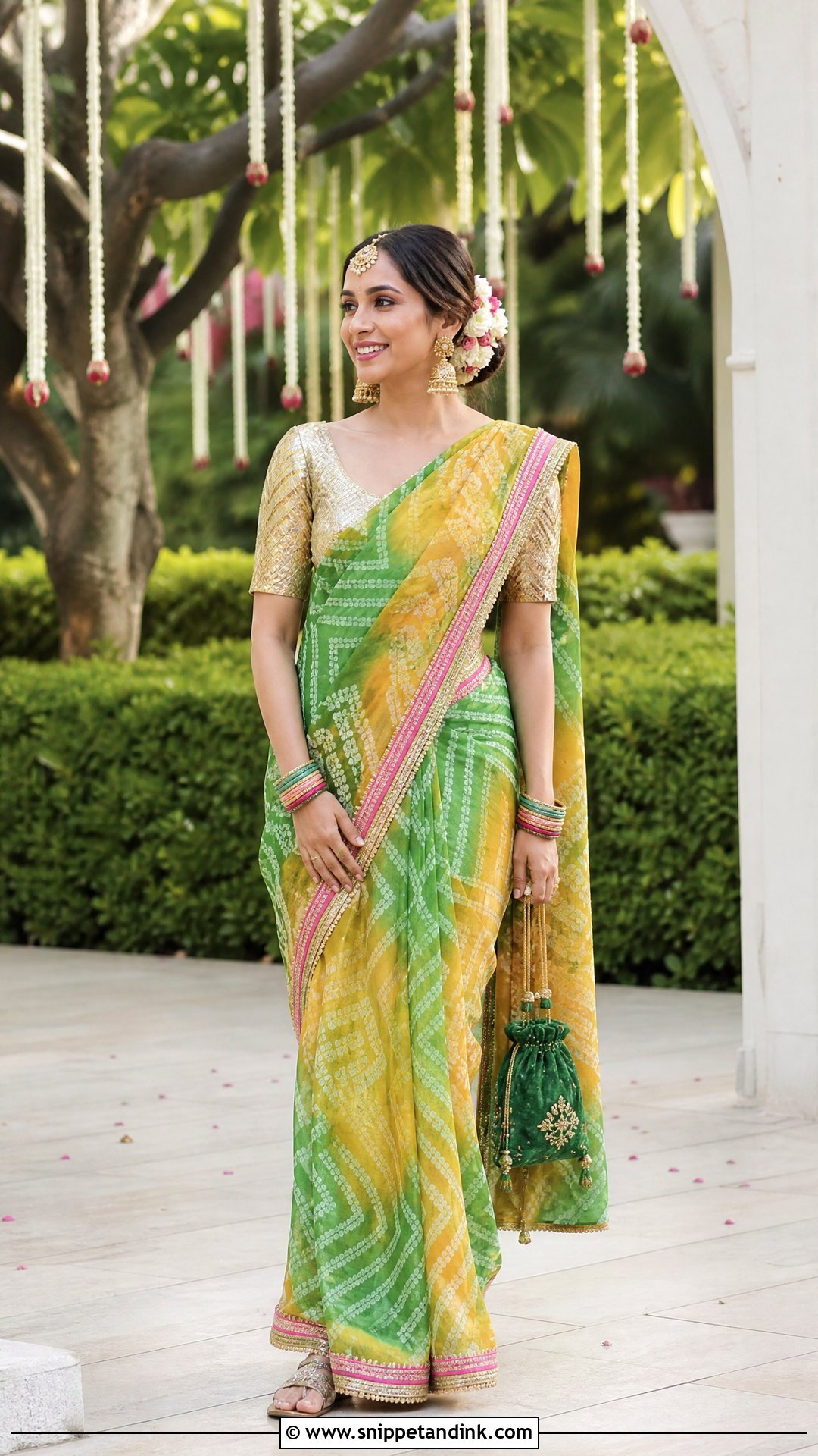 Green Leheriya Saree With Gota Blouse - Snippet and Ink - 20 Rajasthani Wedding Dress Ideas