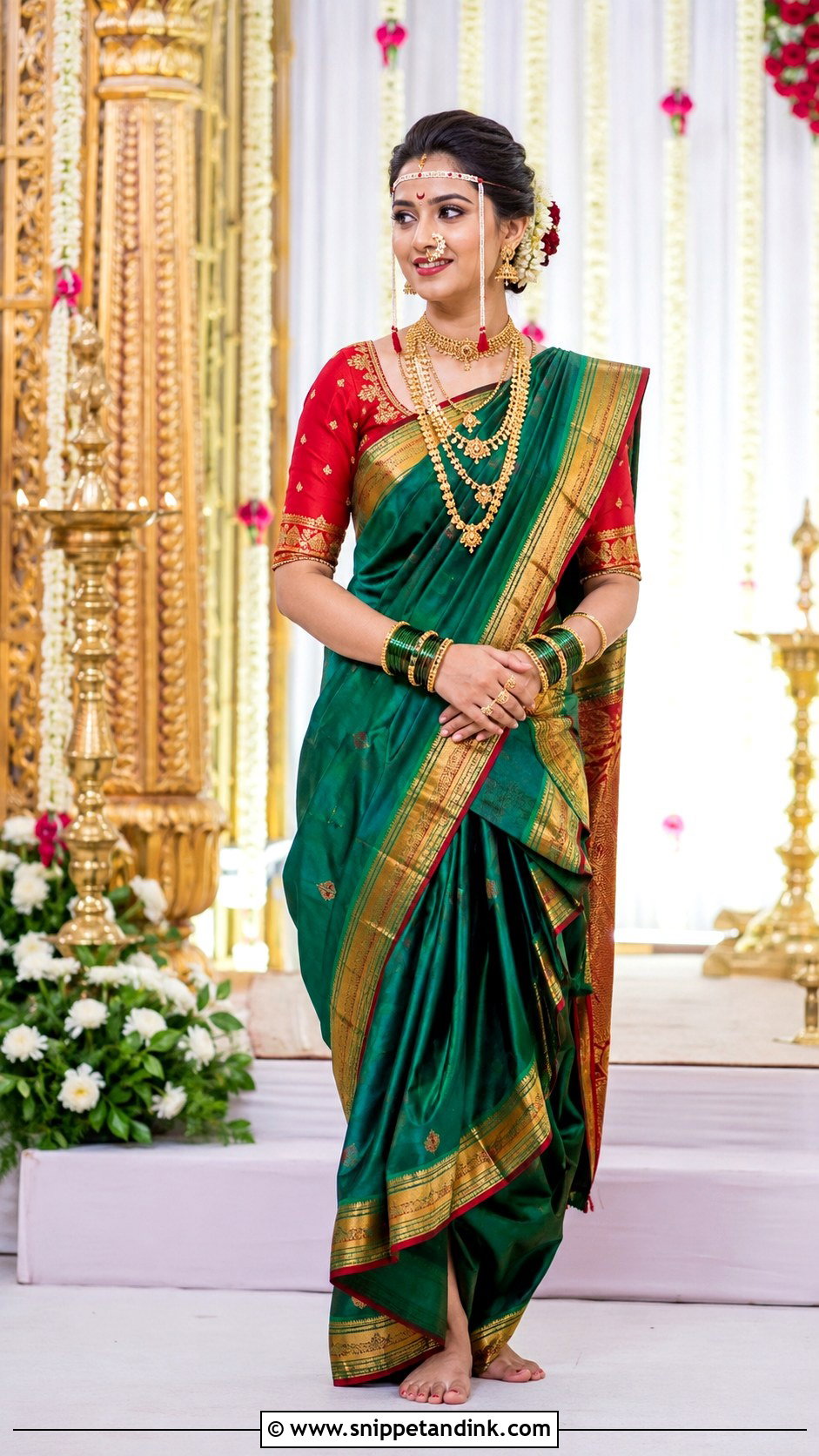 Green Marathi Bride Nauvari Saree - Snippet and Ink - 30 Marathi Bride Look Ideas