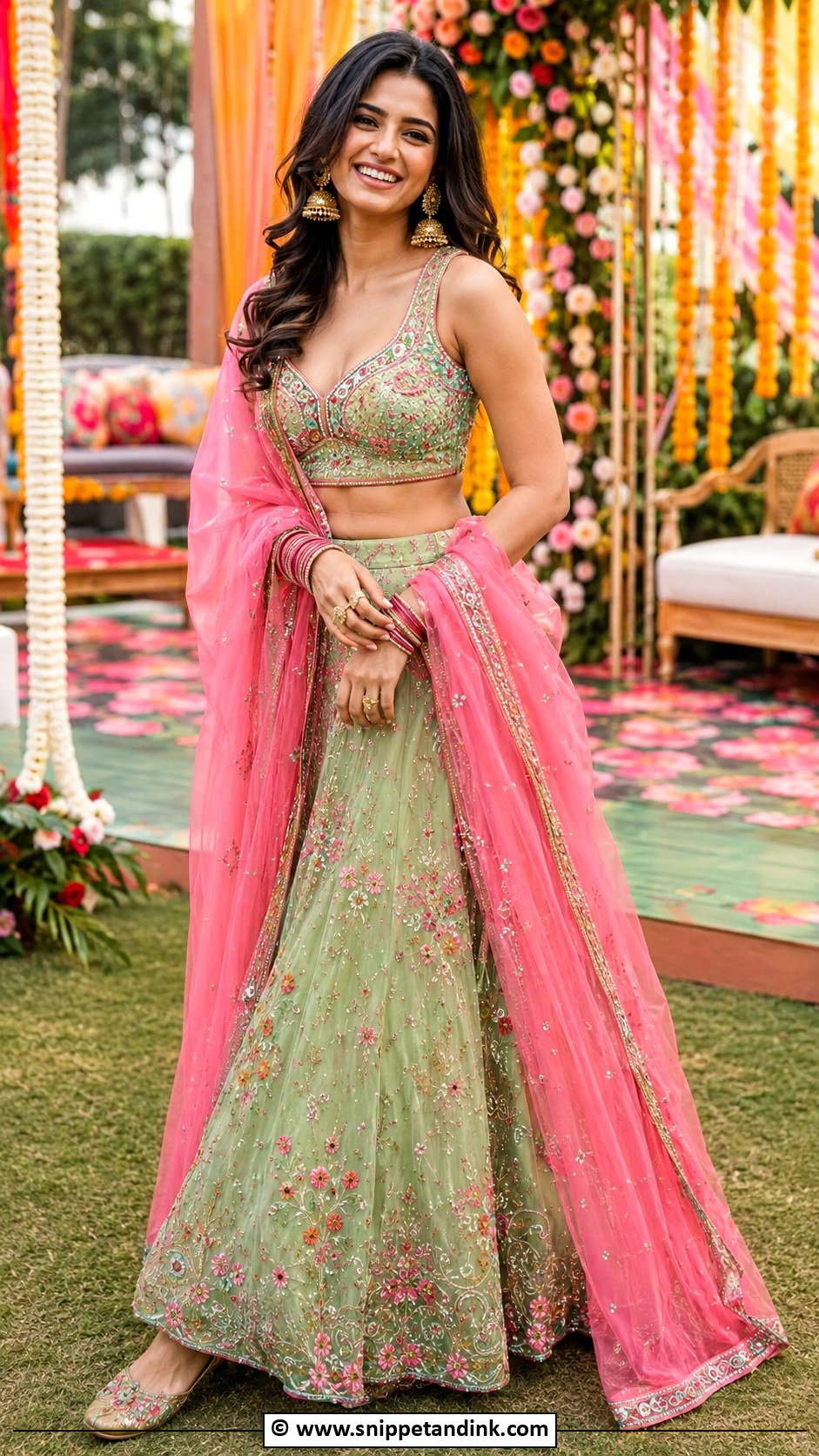 Green Mehandi Lehenga With Pink Dupatta - Snippet and Ink - 30 Mehandi Dress Ideas