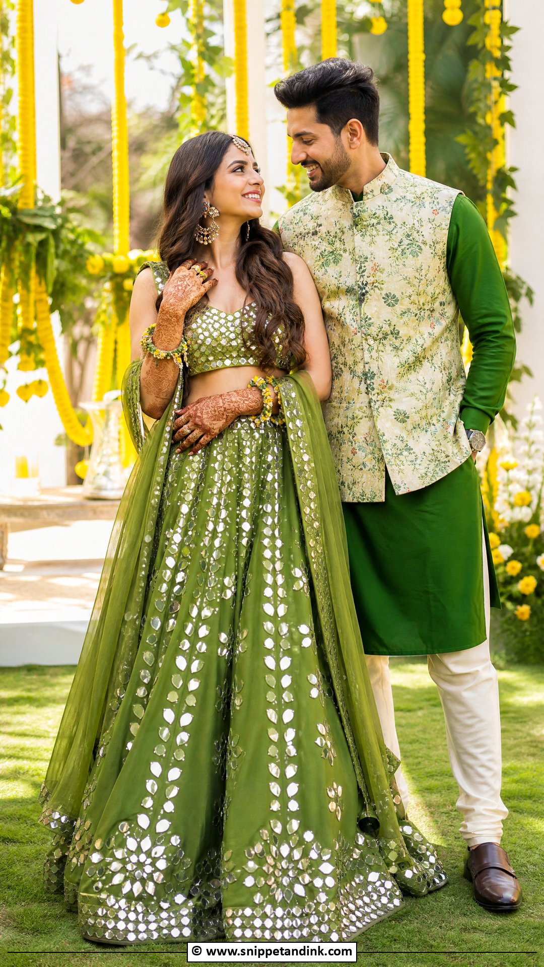 Green Mehendi Couple Outfit - Snippet and Ink - 35 Indian Couple Matching Dress Ideas
