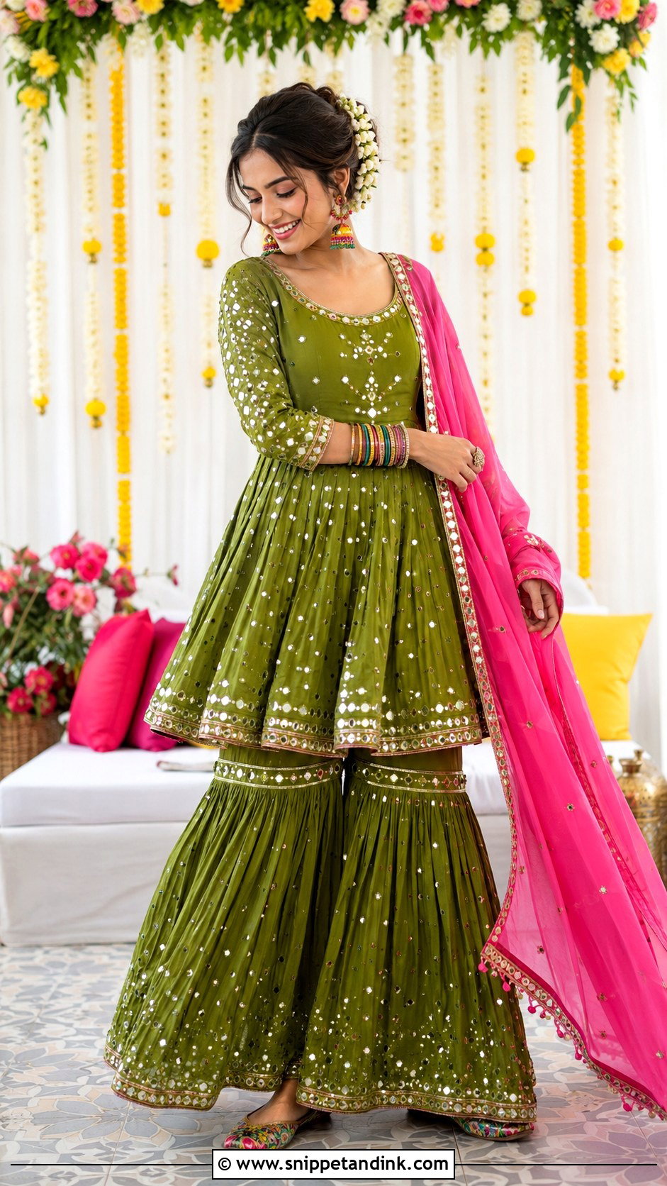 Green Mehndi Anarkali With Sharara Pants - Snippet and Ink - 20 Wedding Anarkali Ideas