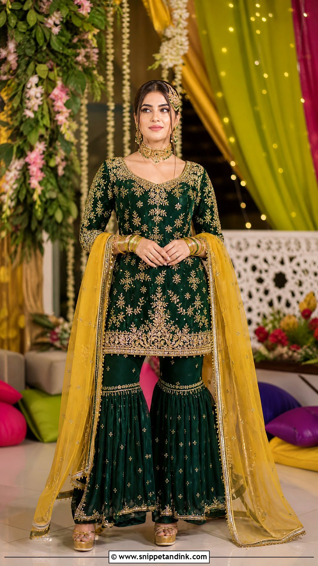 Green Mehndi Bridal Gharara - Snippet and Ink - 20 Pakistan Mehndi Bridal Outfit Ideas