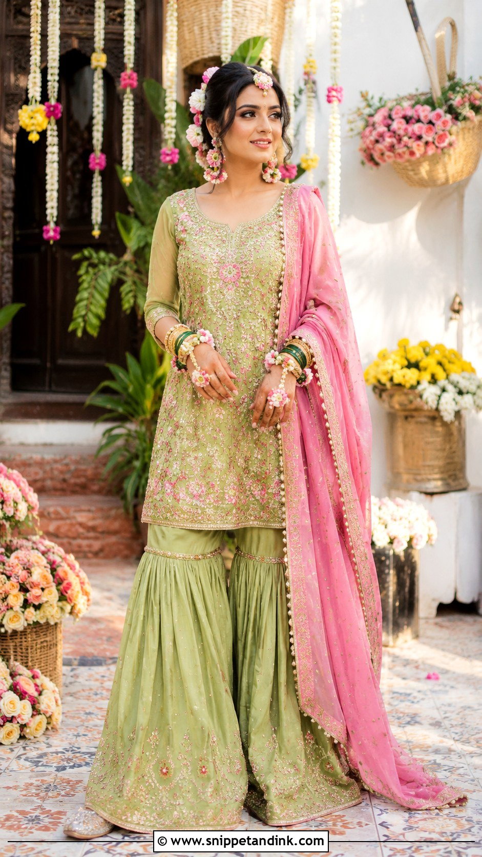 Green Mehndi Bridal Gharara - Snippet and Ink - 20 Desi Wedding Bride Ideas