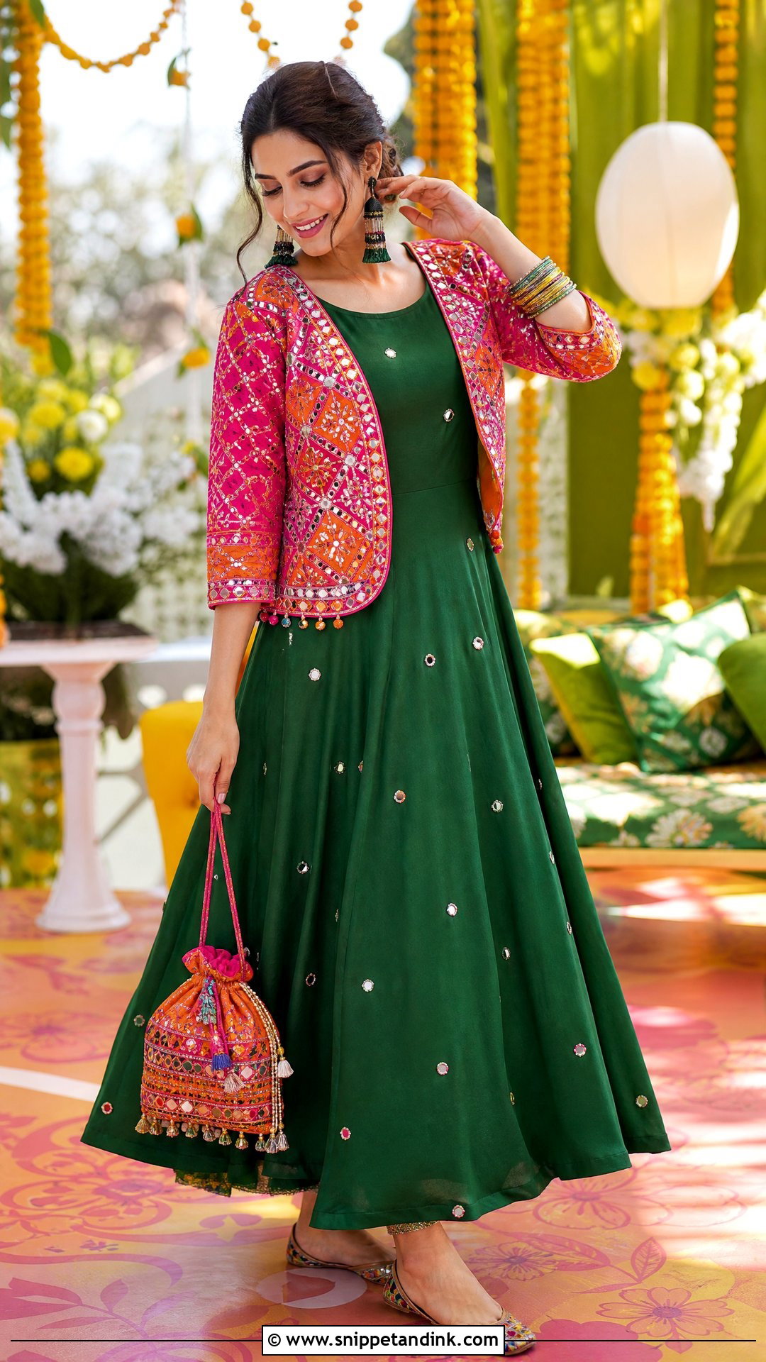 Green Mehndi Dress With Mirror Work Shrug - Snippet and Ink - 20 Shrug Dresses Indian Wedding